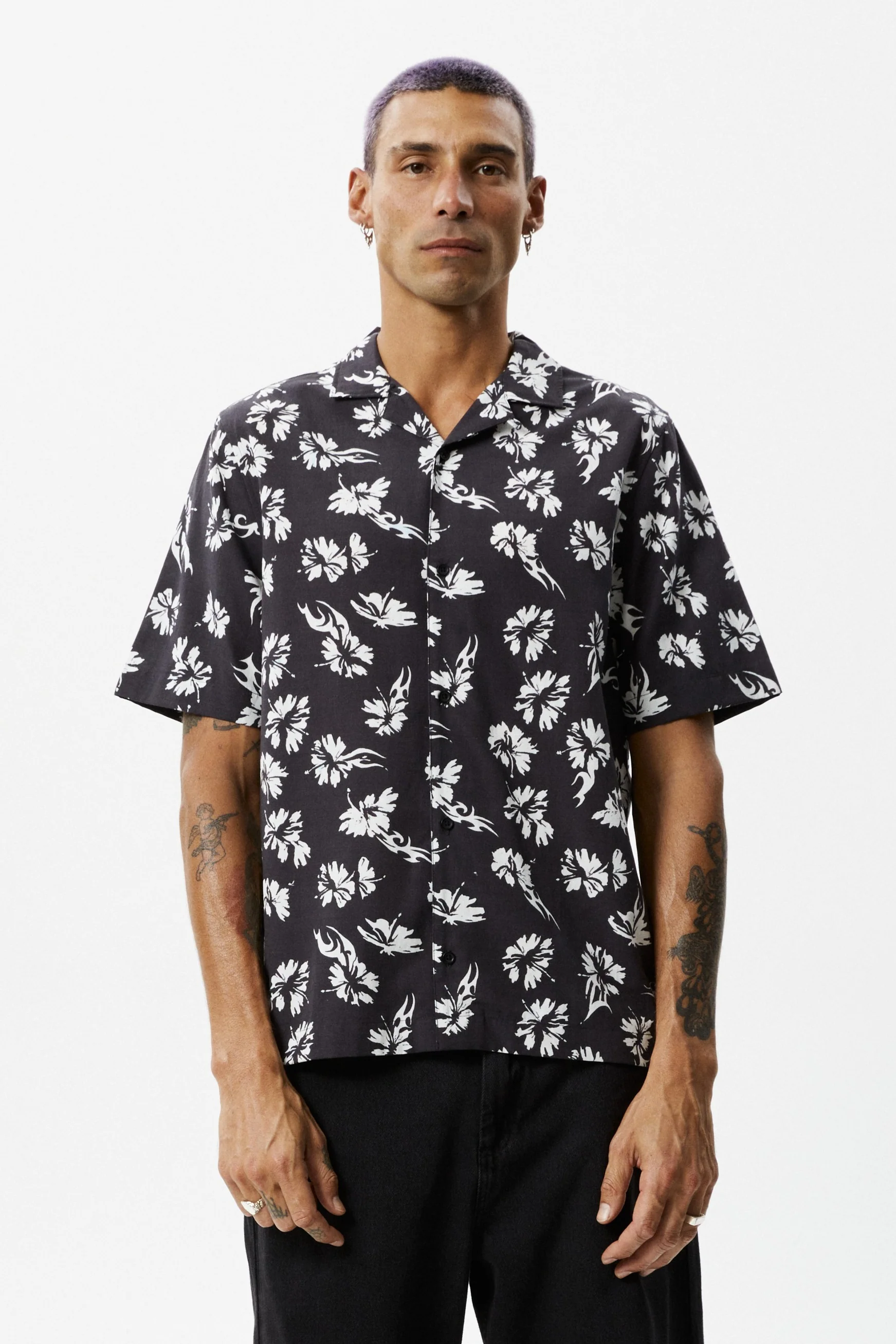 AFENDS Mens Hibiscus - Cuban Shirt - Black