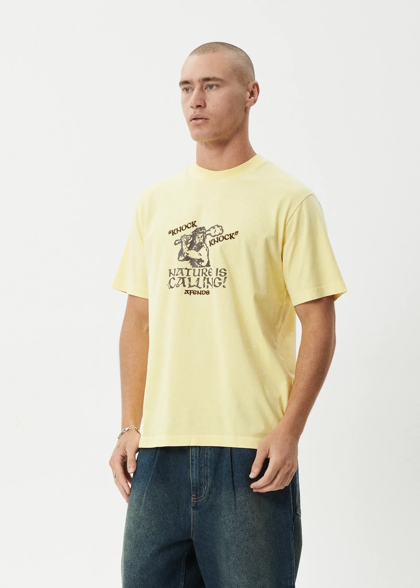 AFENDS Mens Knock Knock - Retro Tee - Washed Lemon - Image 2