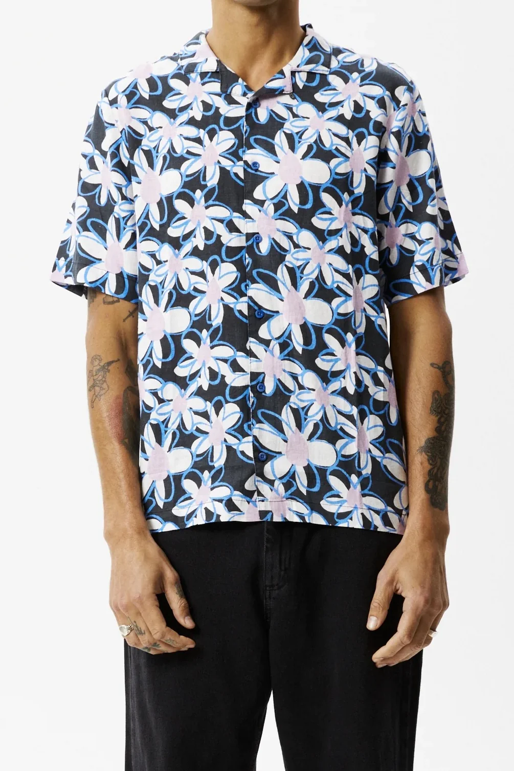 AFENDS Mens Waterfall - Cuban Short Sleeve Shirt - Stone Black