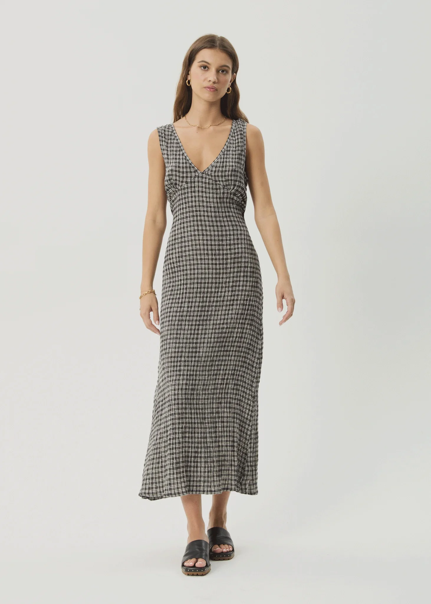 AFENDS Womens Asta Seersucker Maxi Dress in Steel Check
