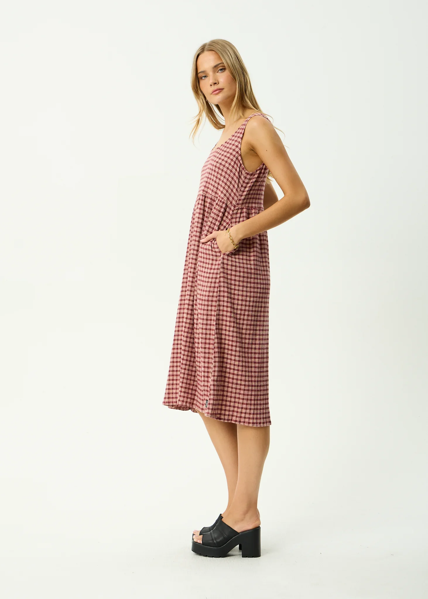 AFENDS Womens Capricorn Seersucker Midi Dress in Burgundy / Beige Check - Image 3