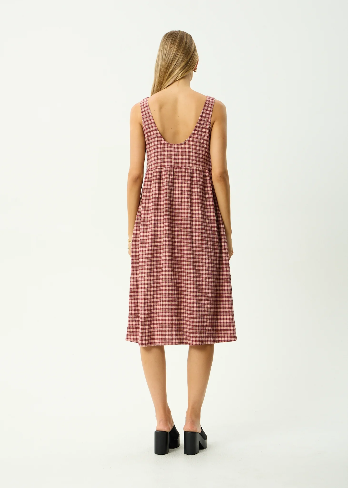 AFENDS Womens Capricorn Seersucker Midi Dress in Burgundy / Beige Check - Image 5