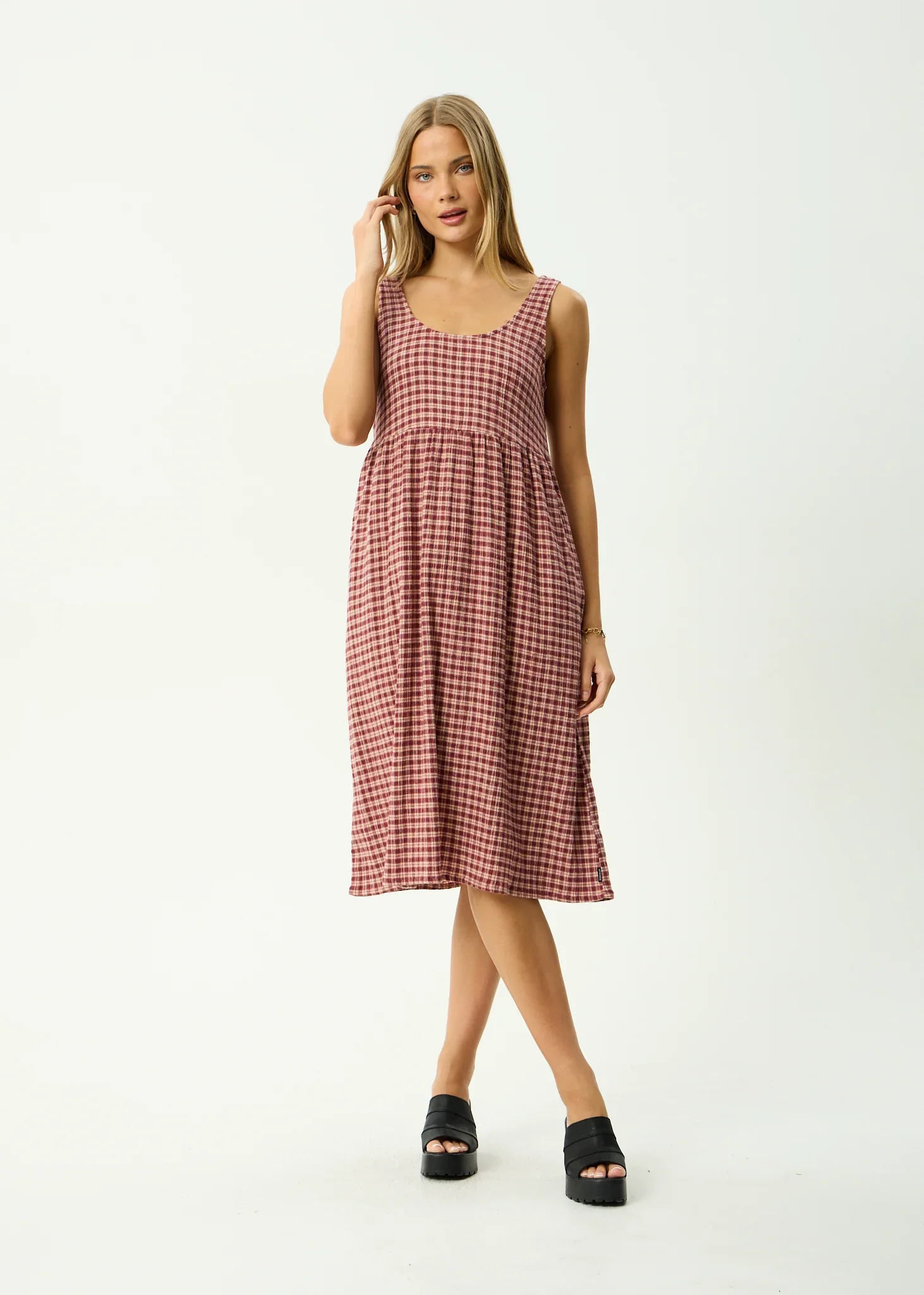 AFENDS Womens Capricorn Seersucker Midi Dress in Burgundy / Beige Check - Image 7