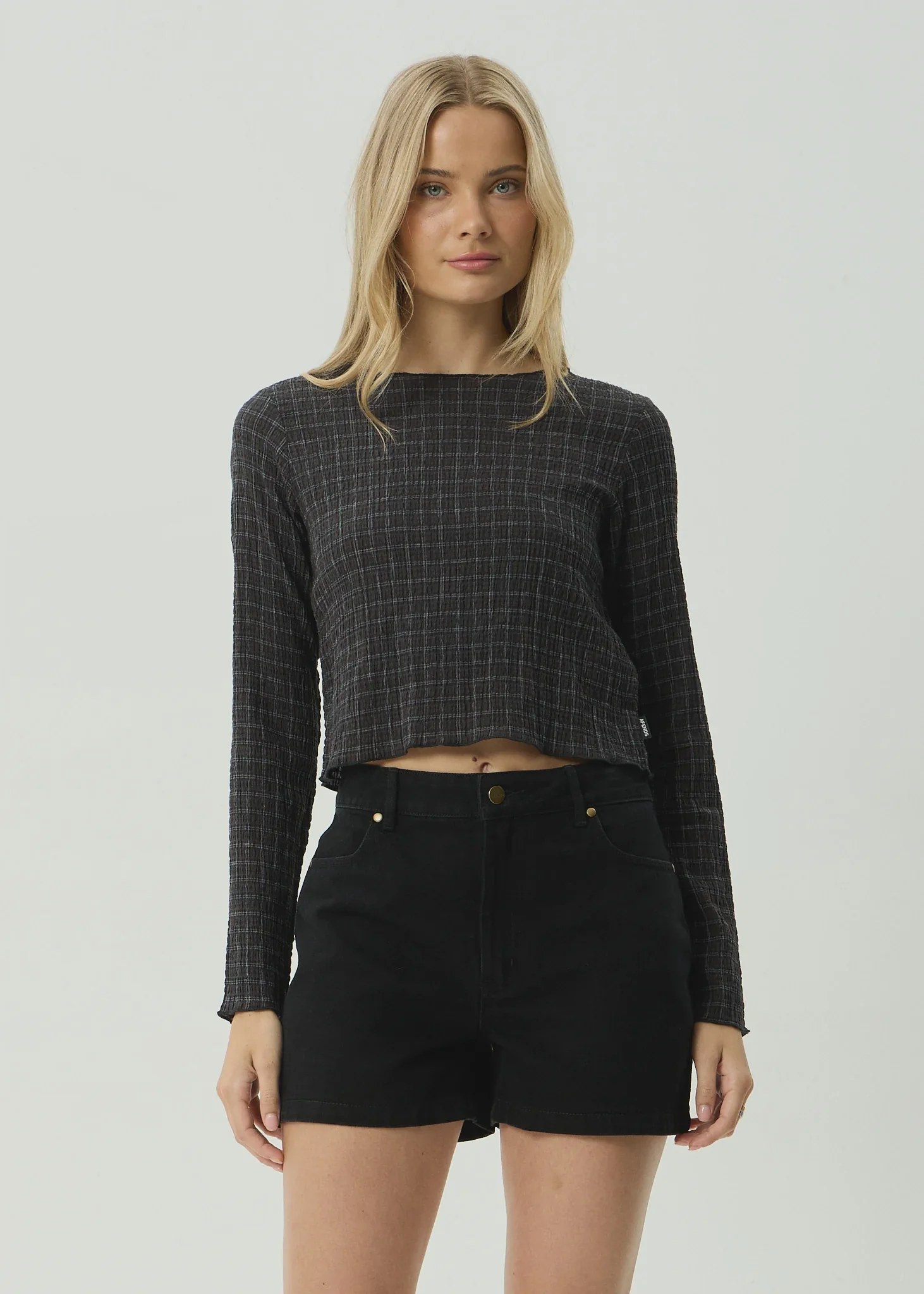 AFENDS Womens Dusk Focus Seersucker Long Sleeve Top in Black Check