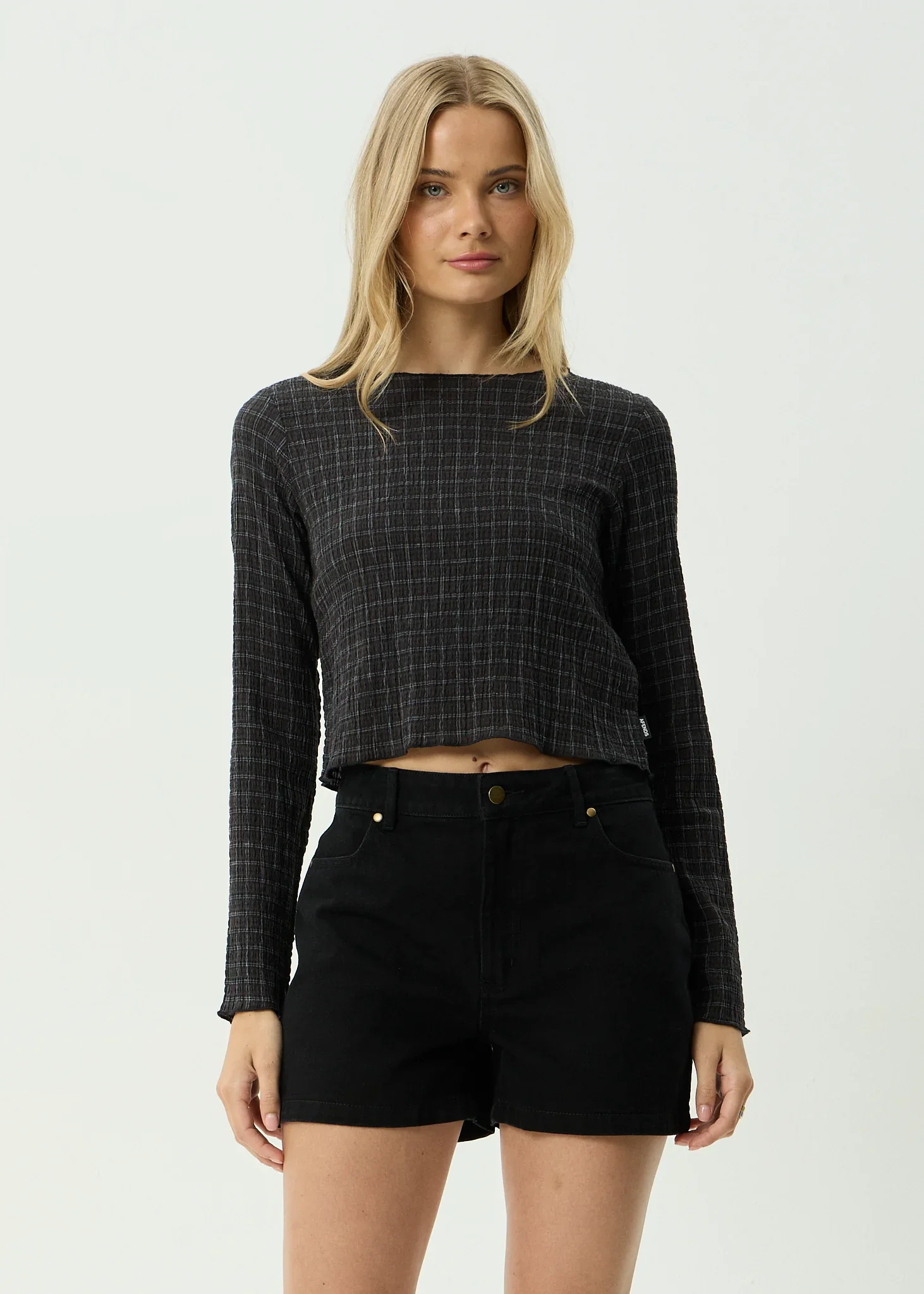 AFENDS Womens Dusk Focus Seersucker Long Sleeve Top in Black Check - Image 3