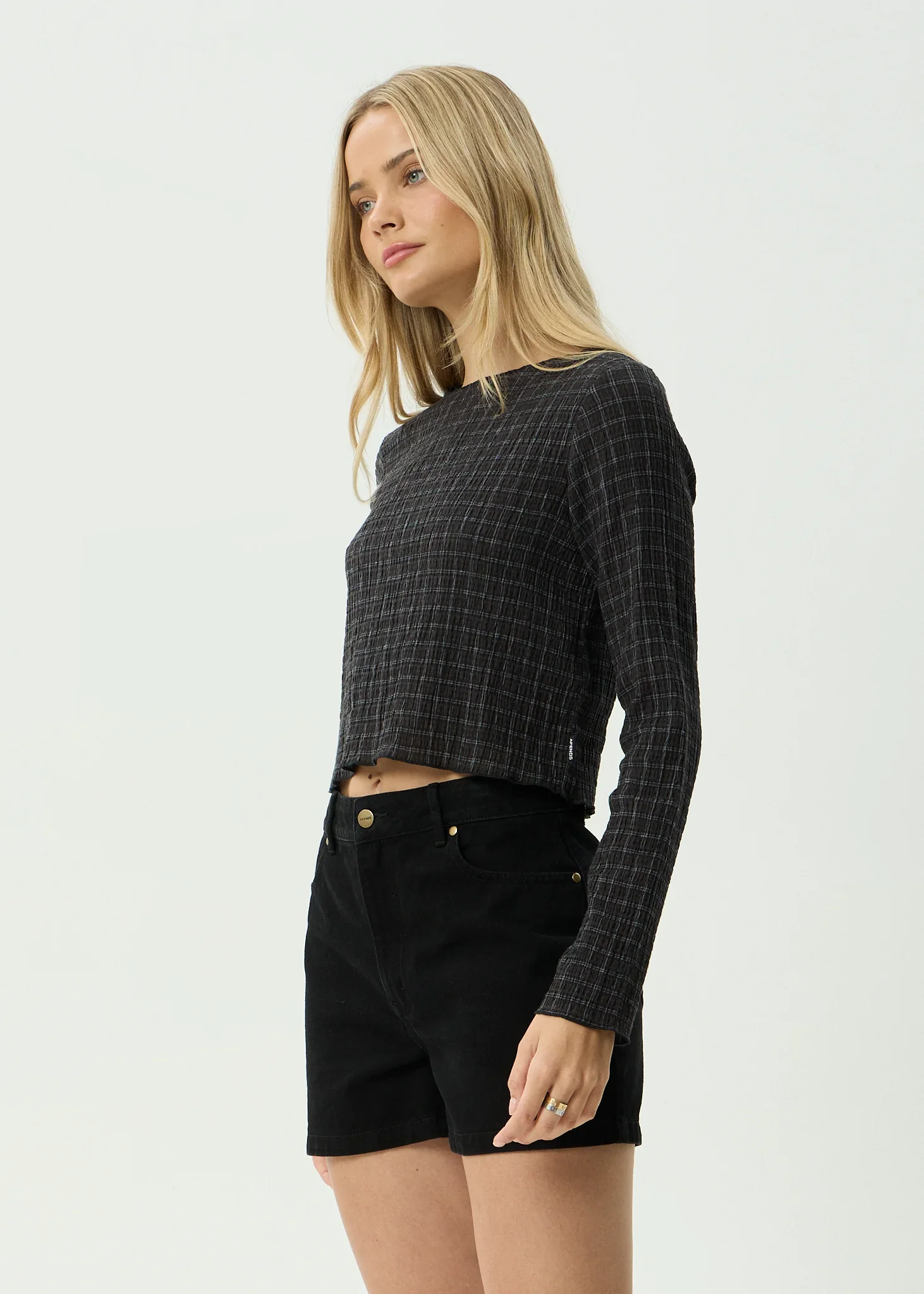 AFENDS Womens Dusk Focus Seersucker Long Sleeve Top in Black Check - Image 4