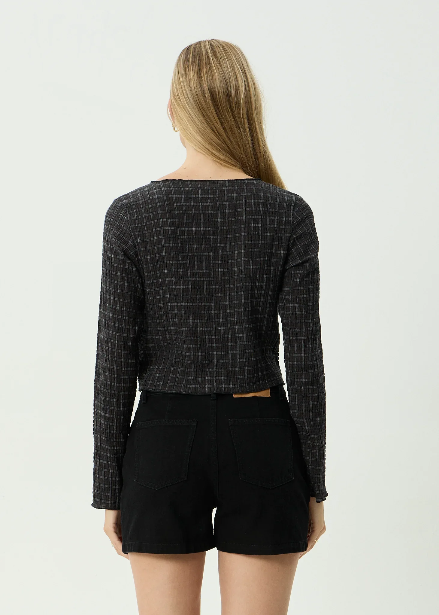 AFENDS Womens Dusk Focus Seersucker Long Sleeve Top in Black Check - Image 6