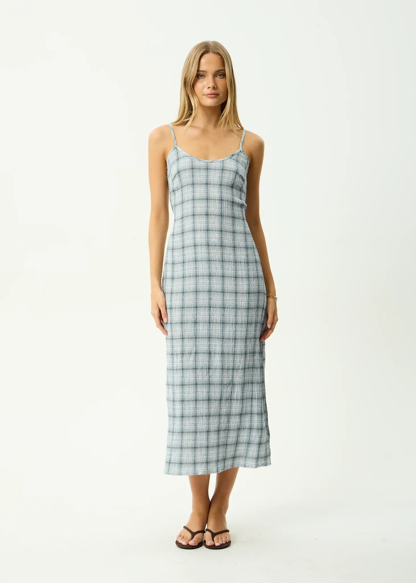 AFENDS Womens Lagoon Seersucker Midi Dress in Overcast Check - Image 2