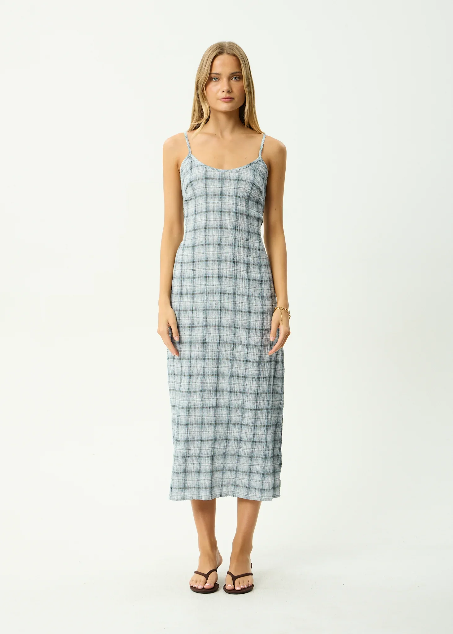 AFENDS Womens Lagoon Seersucker Midi Dress in Overcast Check - Image 4