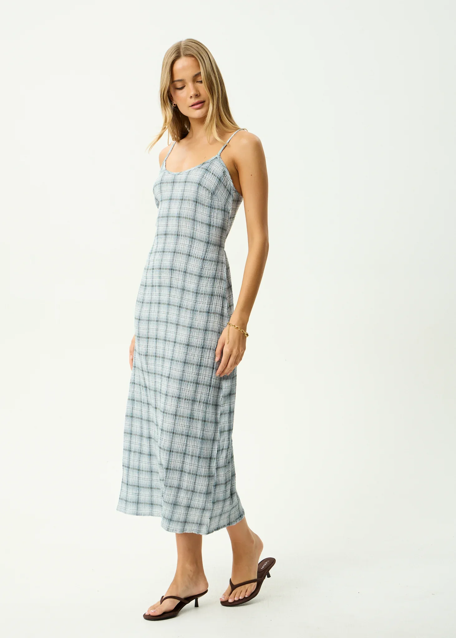 AFENDS Womens Lagoon Seersucker Midi Dress in Overcast Check - Image 5