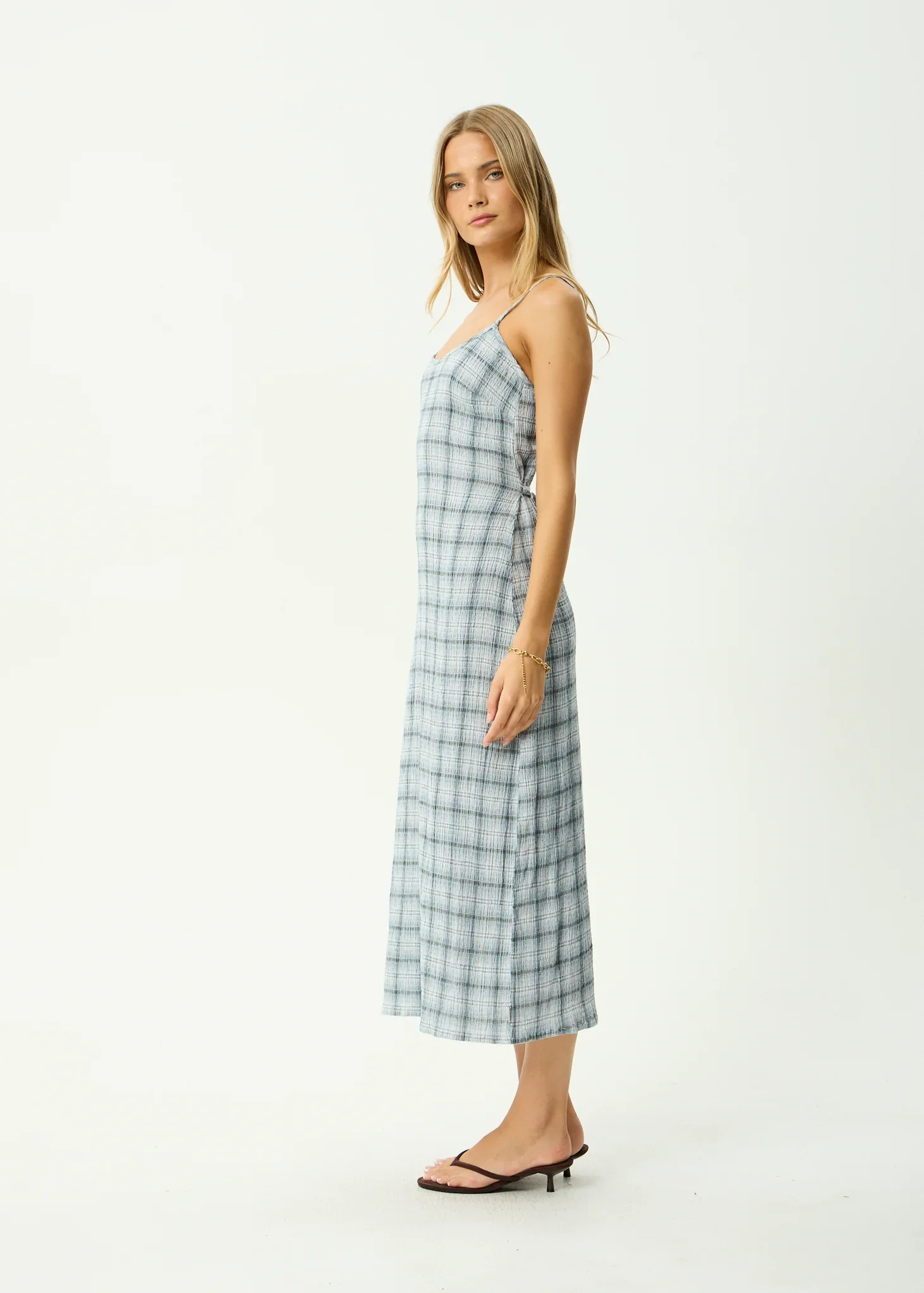 AFENDS Womens Lagoon Seersucker Midi Dress in Overcast Check - Image 7