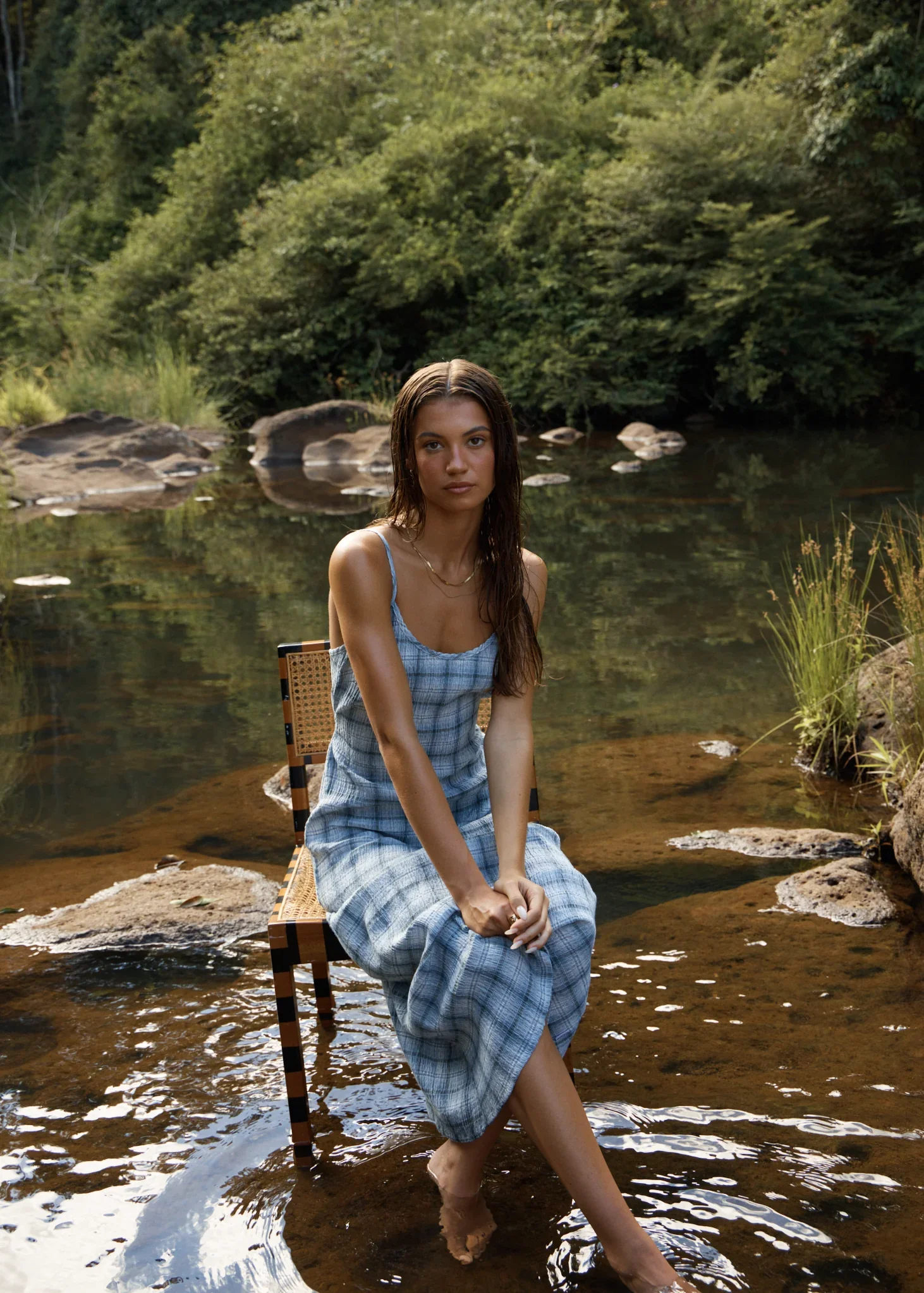 AFENDS Womens Lagoon Seersucker Midi Dress in Overcast Check - Image 9