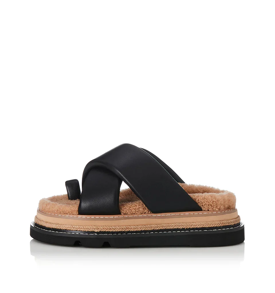 ALIAS MAE Womens Venga Leather Sandals - Black Leather / Shearling - Image 3