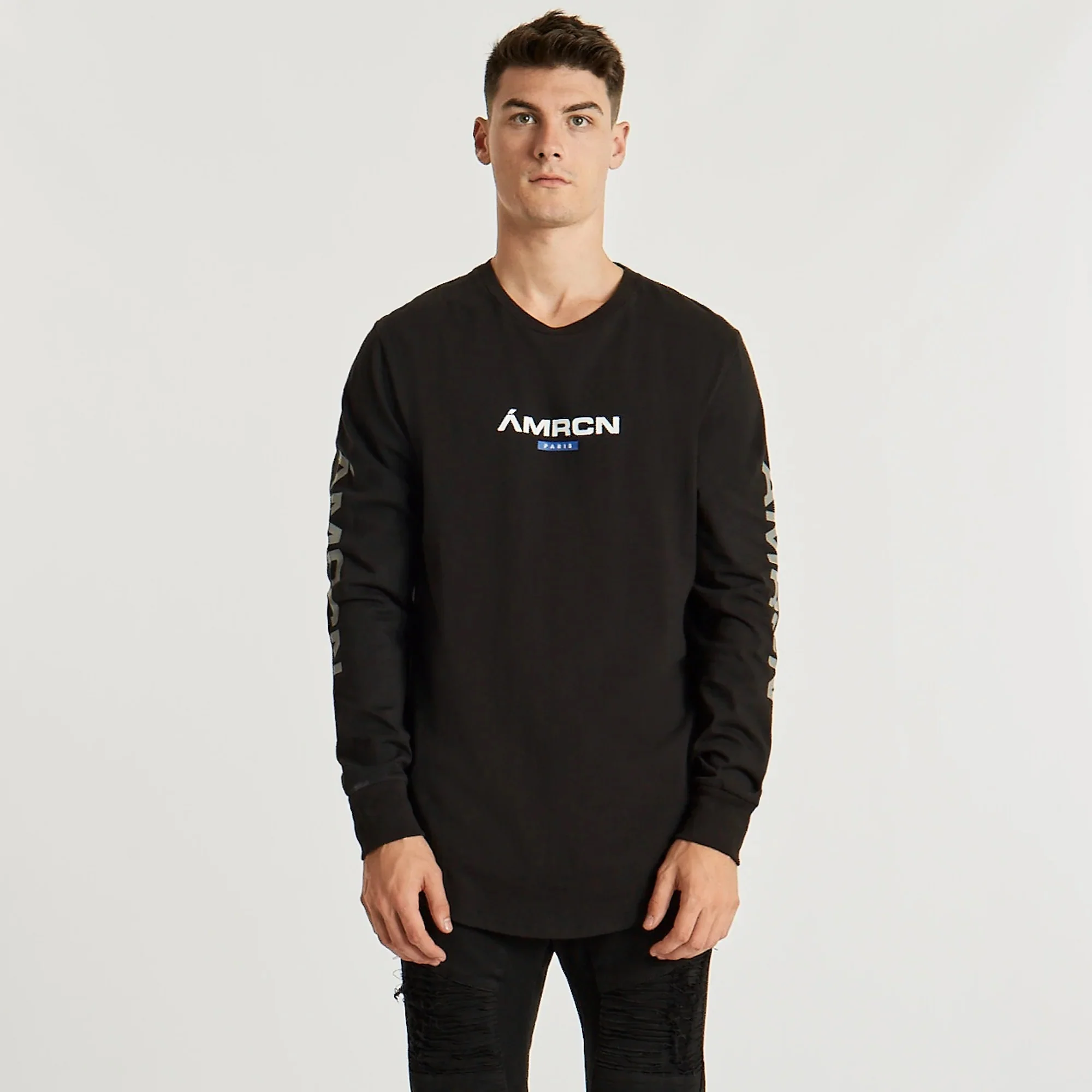 AMERICAIN Mens Cicatrice Dual Curved Long Sleeve Tee Shirt Jet Black - Image 7