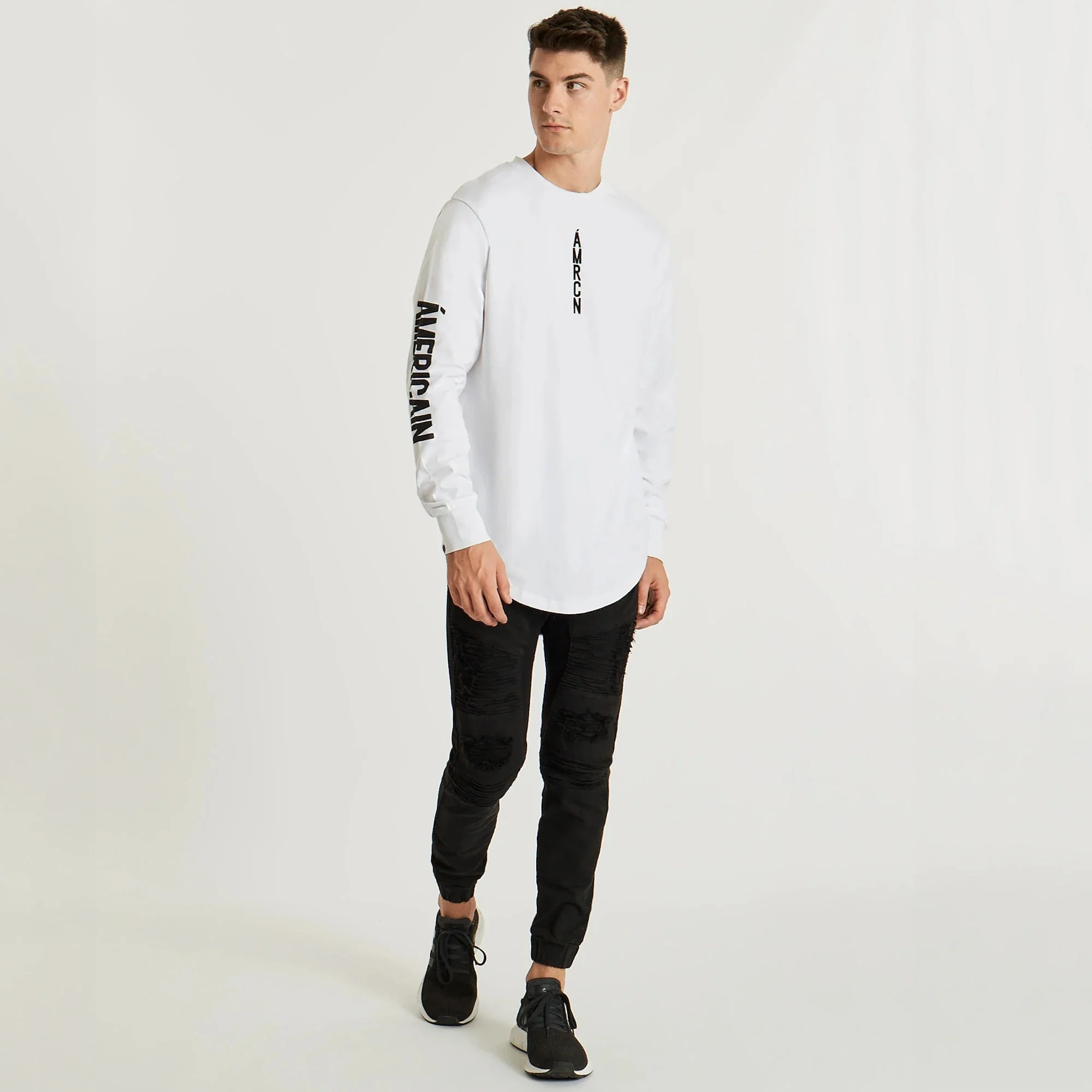 AMERICAIN Mens Etroit Dual Curved Hem Long Sleeve Tee Shirt White - Image 4