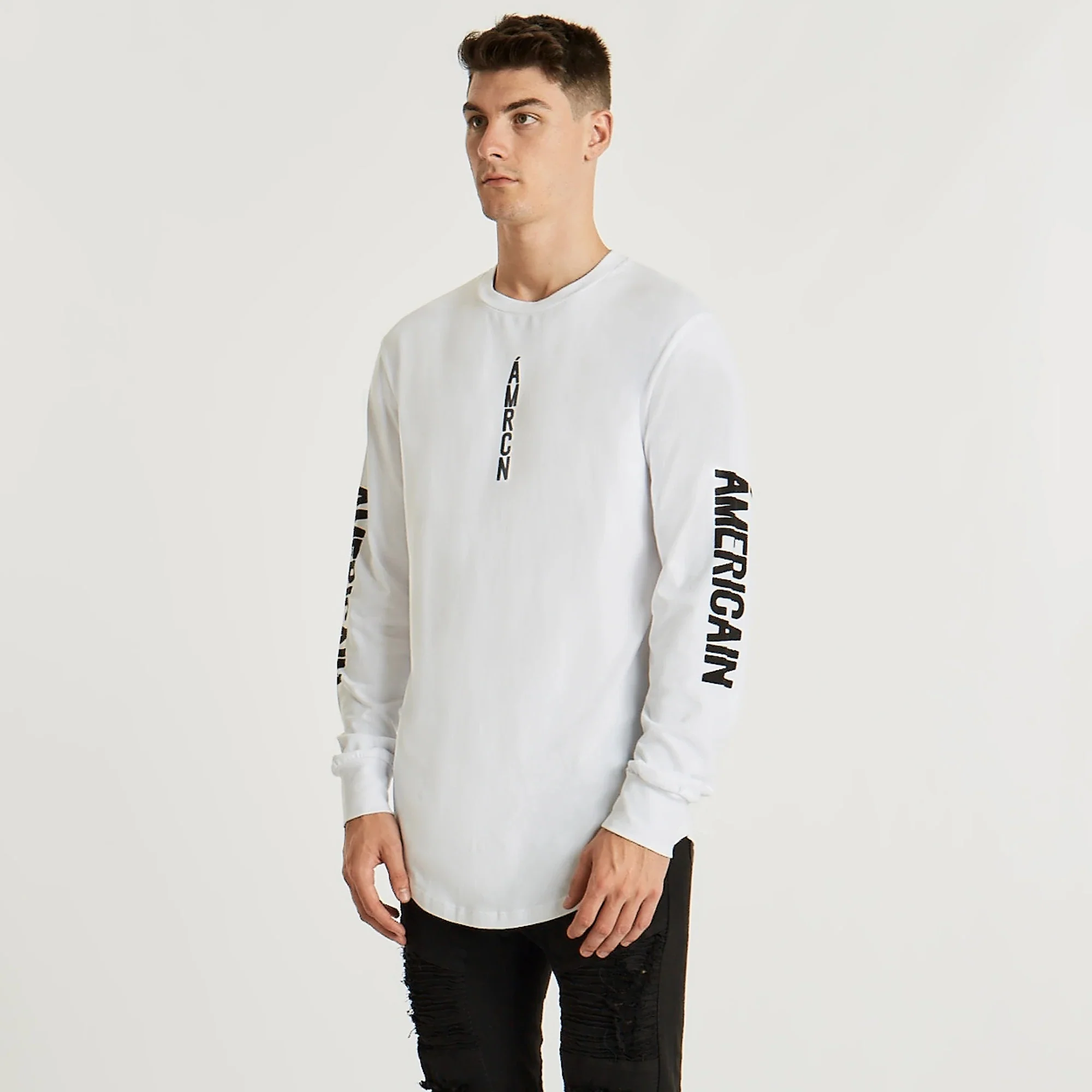 AMERICAIN Mens Etroit Dual Curved Hem Long Sleeve Tee Shirt White - Image 6