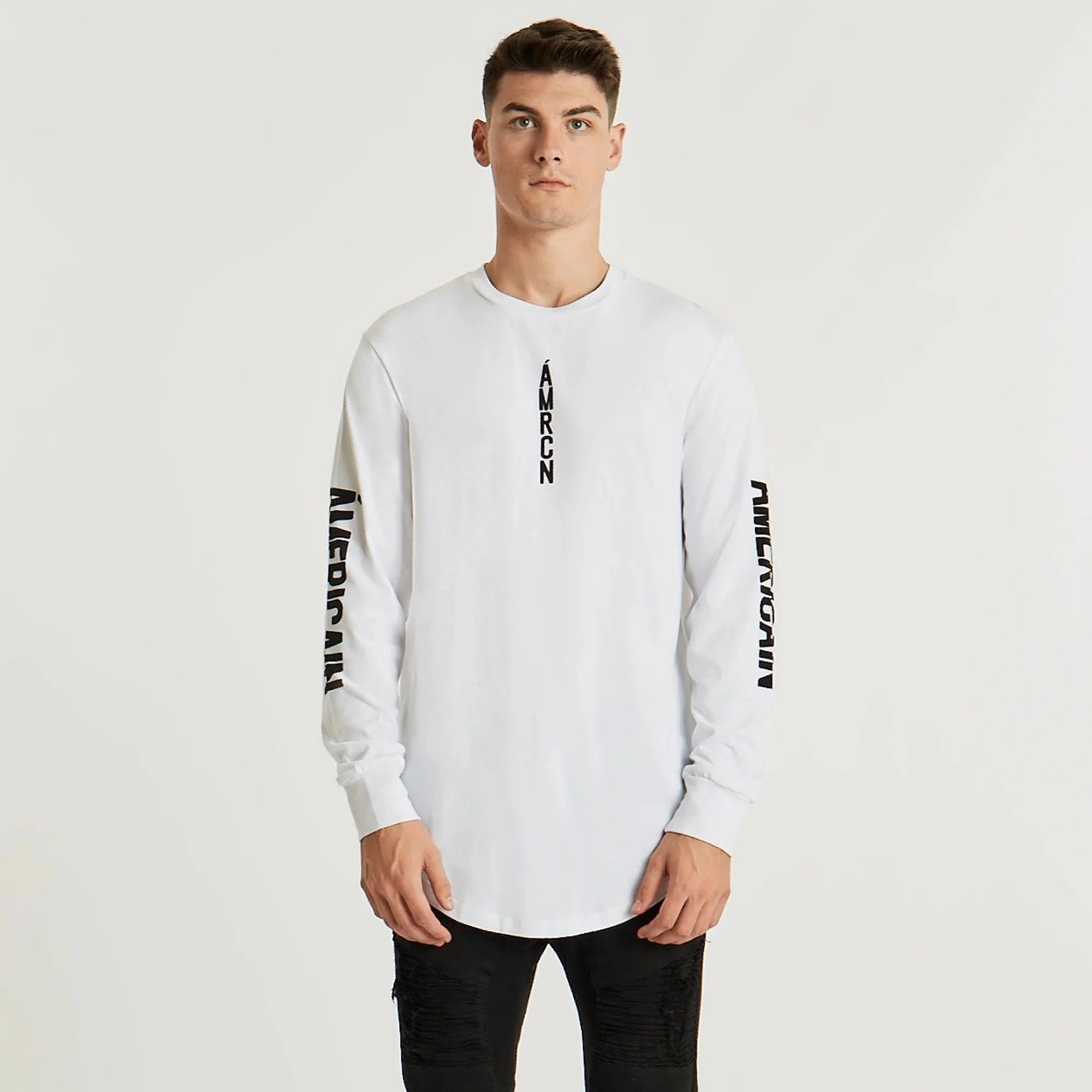 AMERICAIN Mens Etroit Dual Curved Hem Long Sleeve Tee Shirt White - Image 7