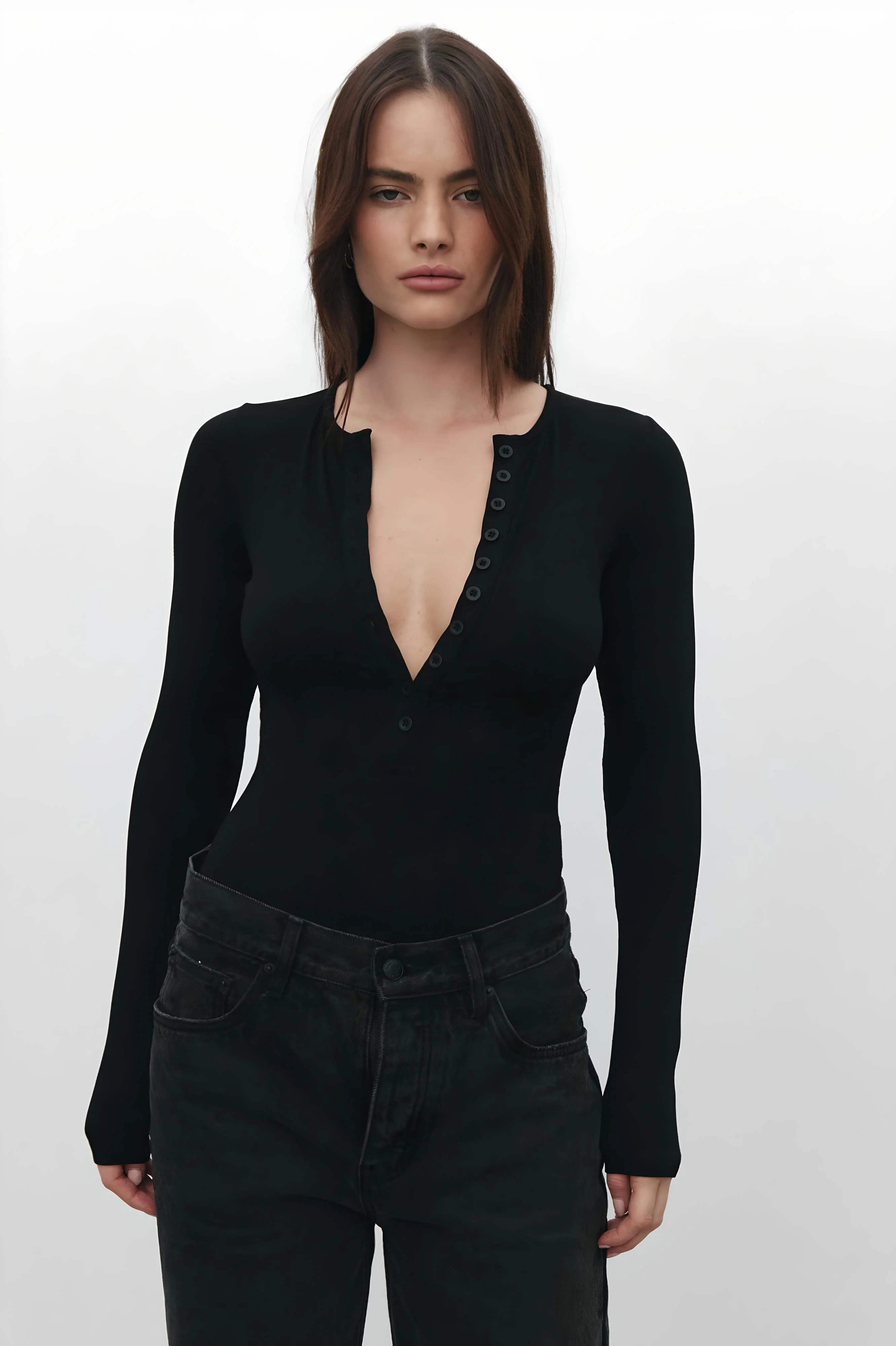 Bayse Brand Womens Lara Long Sleeve Crew Neck Button Down Bodysuit Black