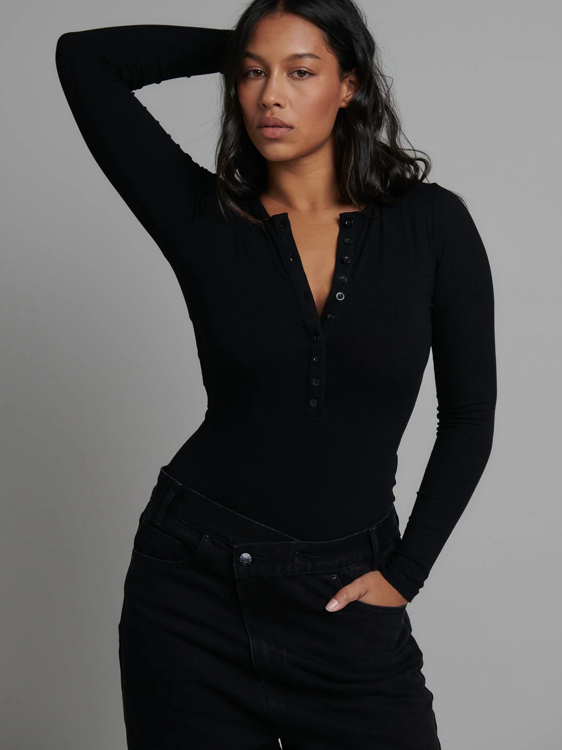Bayse Brand Womens Lara Long Sleeve Crew Neck Button Down Bodysuit Black - Image 16