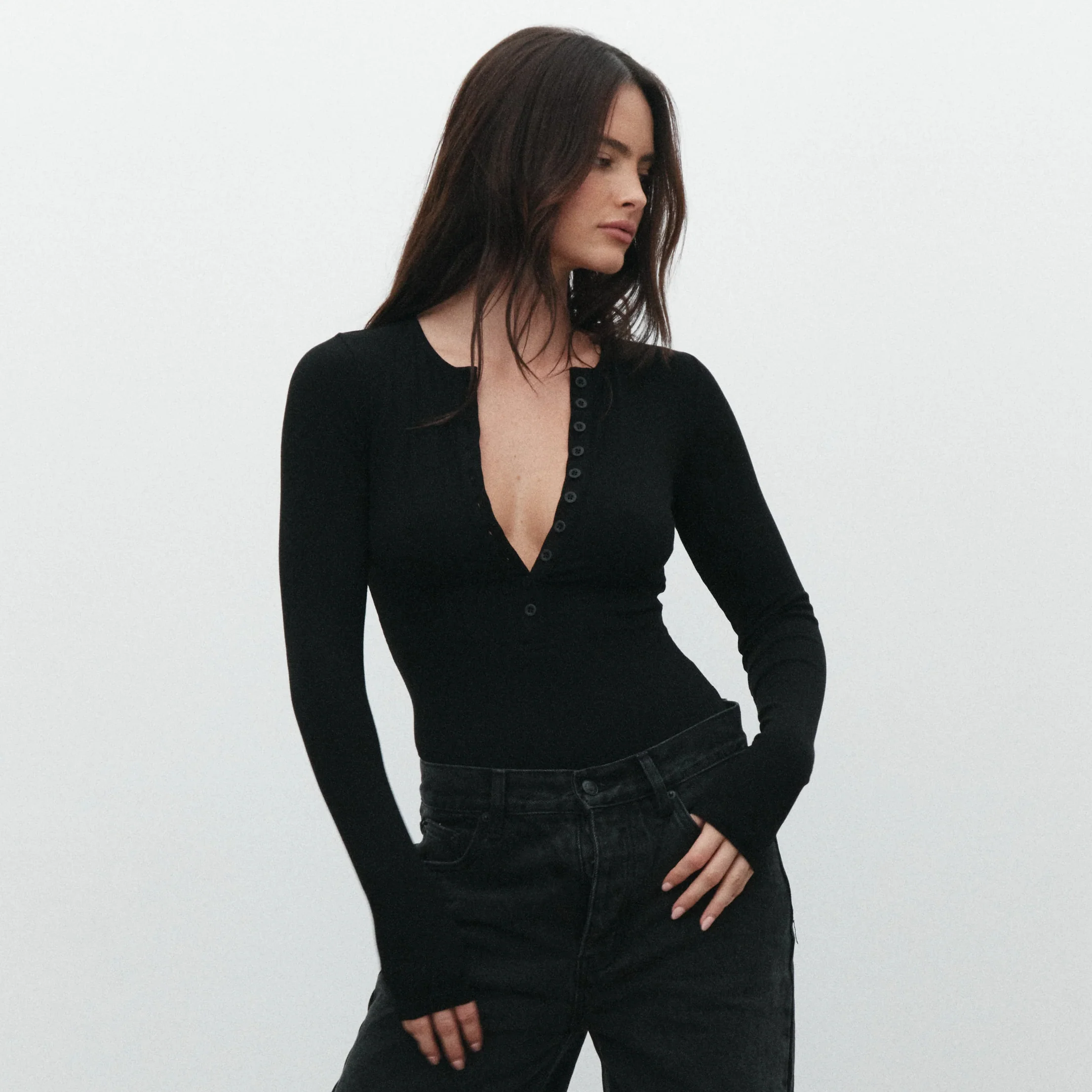 Bayse Brand Womens Lara Long Sleeve Crew Neck Button Down Bodysuit Black - Image 19