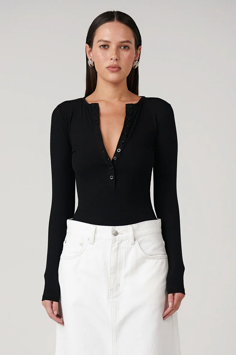 Bayse Brand Womens Lara Long Sleeve Crew Neck Button Down Bodysuit Black - Image 5