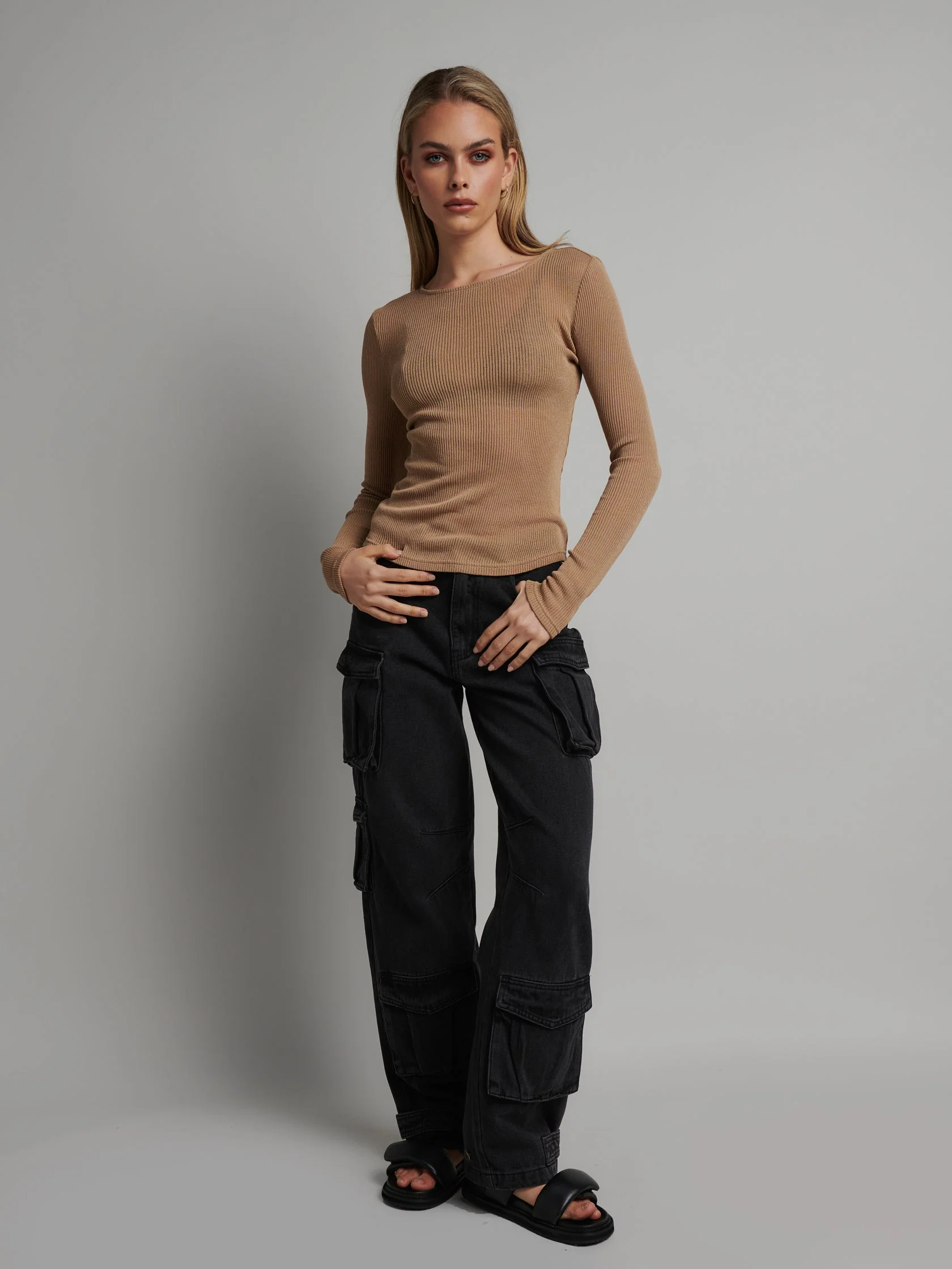 BAYSE BRAND Womens Myles Crew Neck Long Sleeve Top - Latte - Image 3