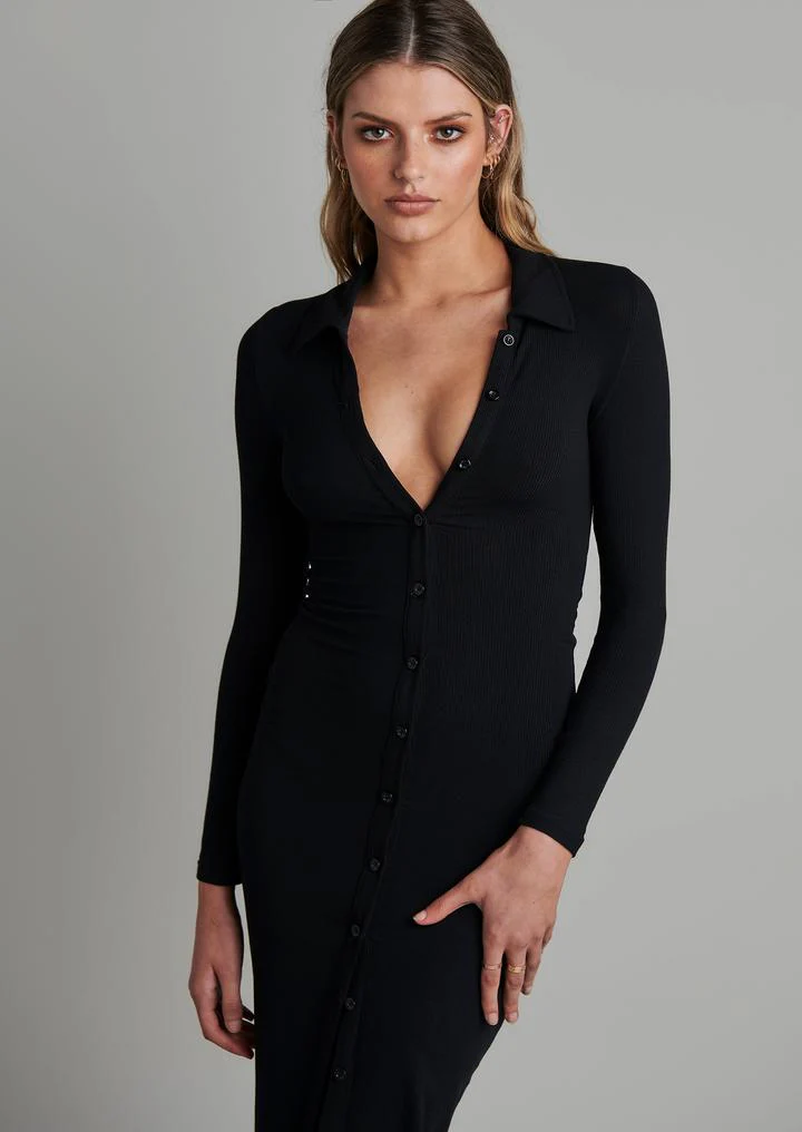 Bayse Brand WOMENS POLO LONG SLEEVE MAXI DRESS - BLACK - Image 5