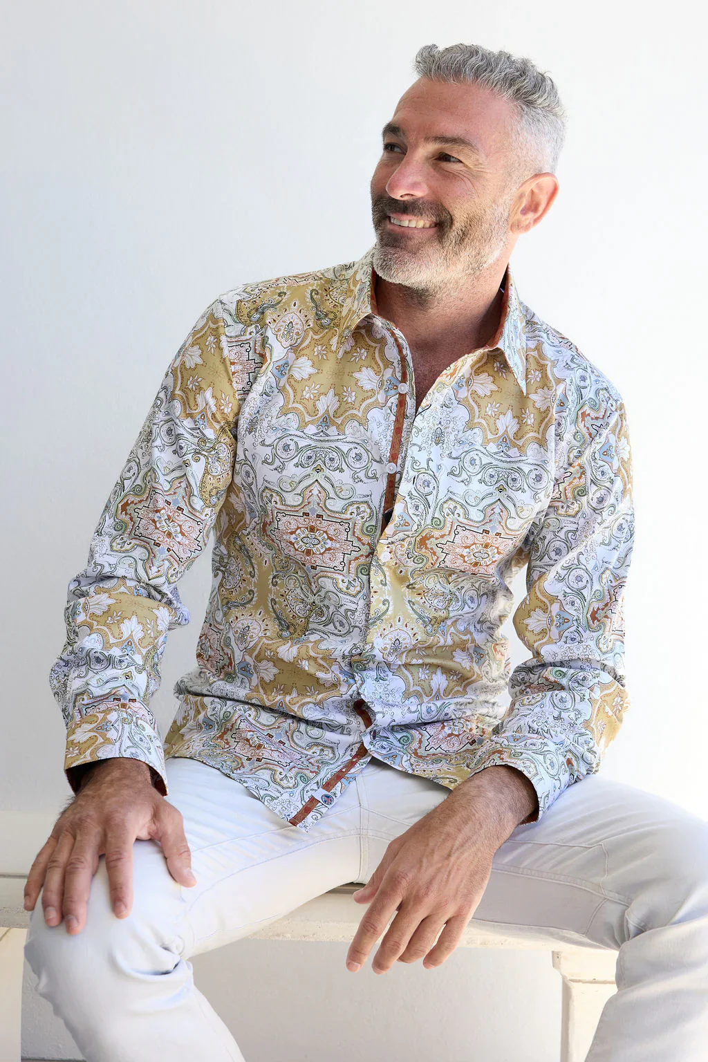 ENGLISH LAUNDRY Mens Crewe Long Sleeve Paisley Shirt in Ecru - Image 2