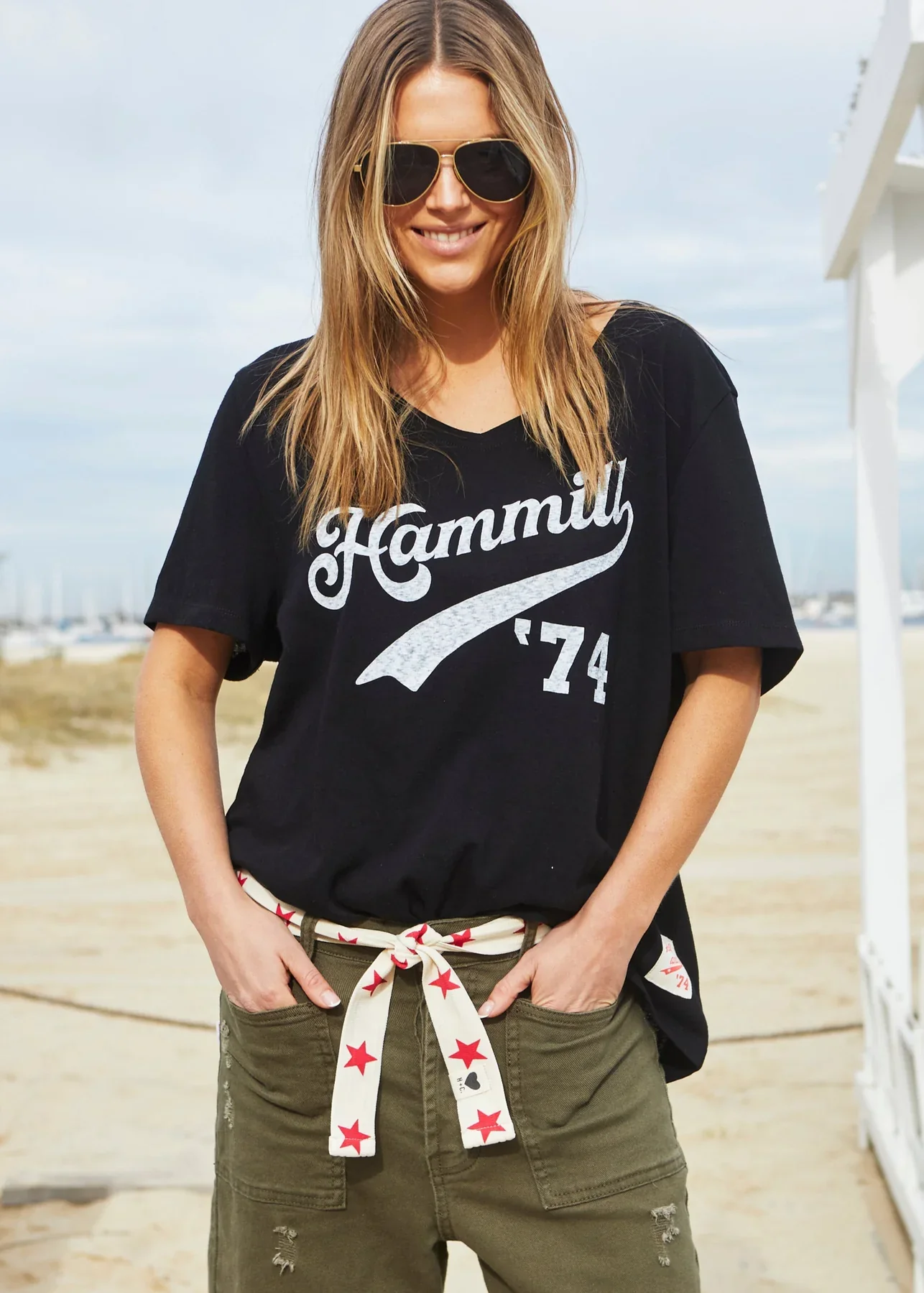 HAMMILL & Co Womens '74 Hammill Logo V Neck Tee in Black - Image 6
