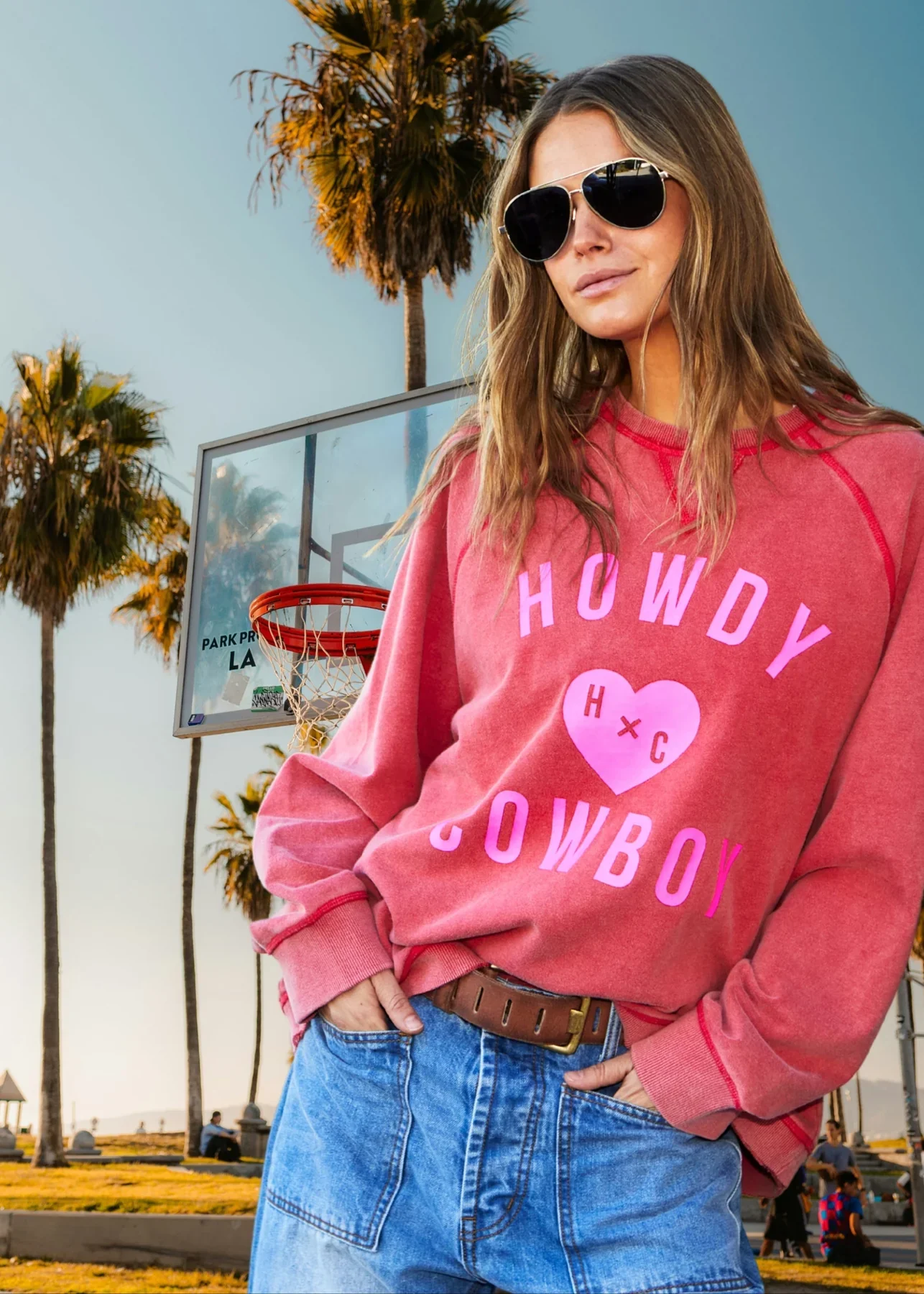 HAMMILL & CO Womens Howdy Cowboy Vintage Wash Sweat - Washed Red - Image 2