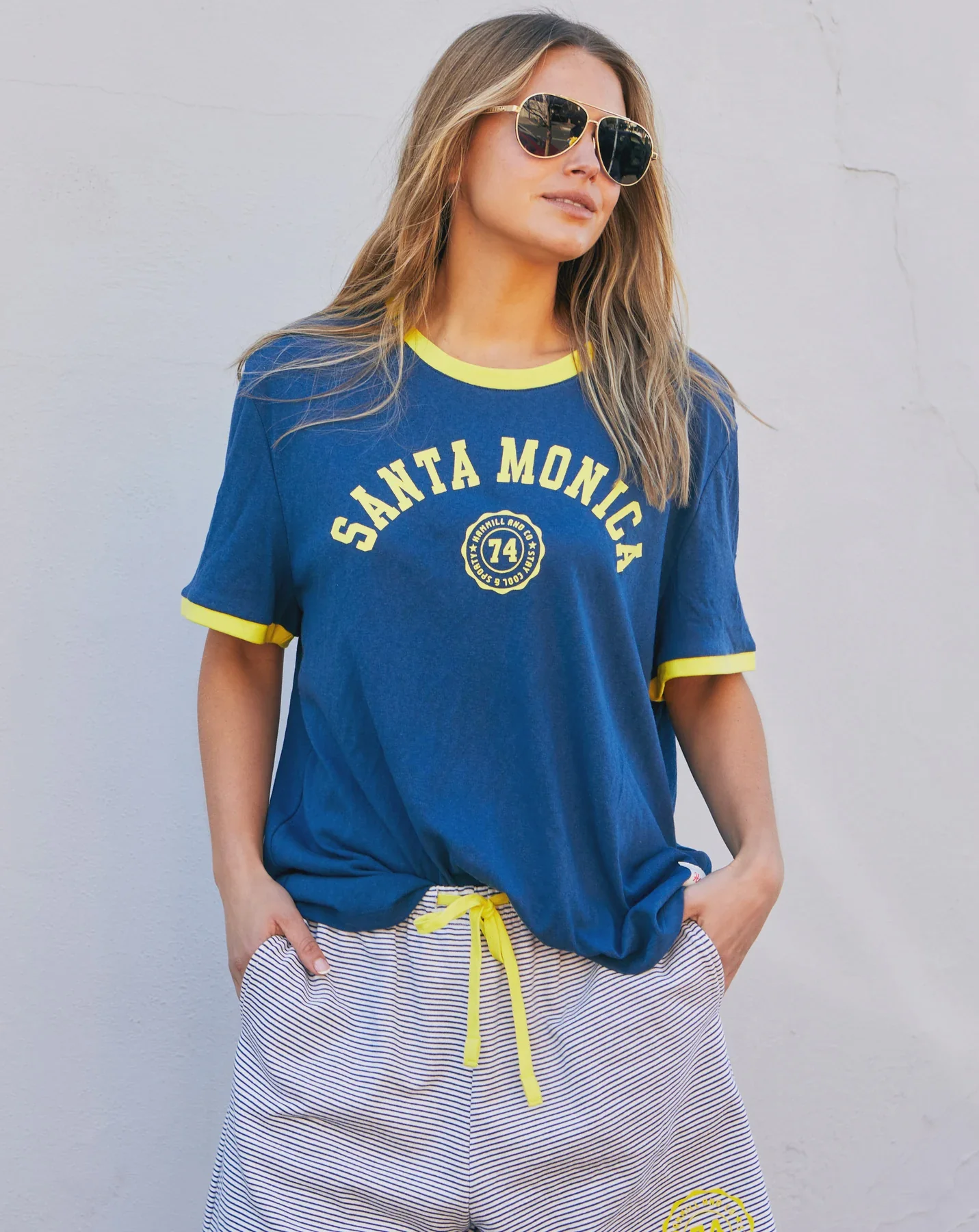 HAMMILL & CO Womens Santa Monica Ringer Tee in Blue & Yellow