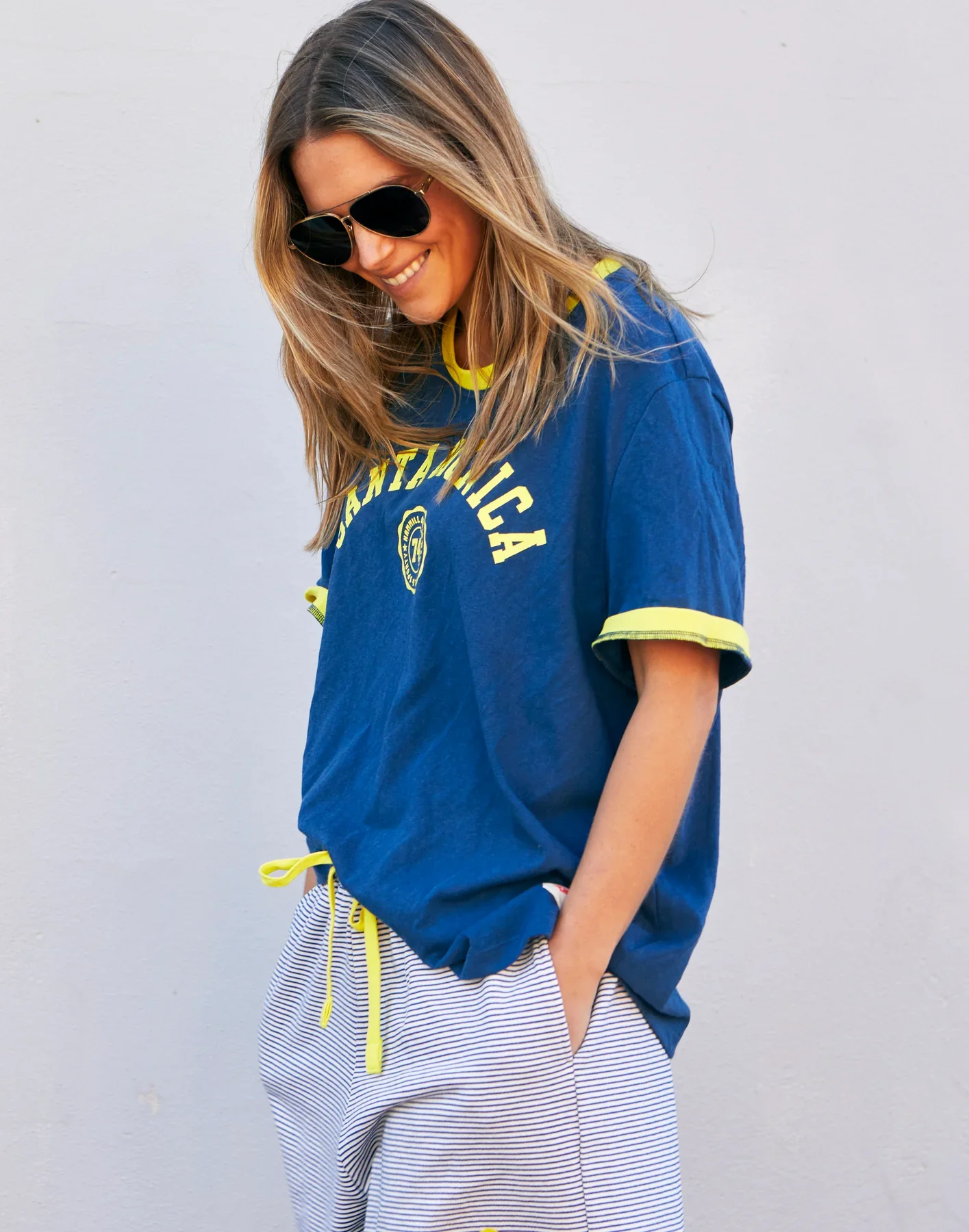 HAMMILL & CO Womens Santa Monica Ringer Tee in Blue & Yellow - Image 5