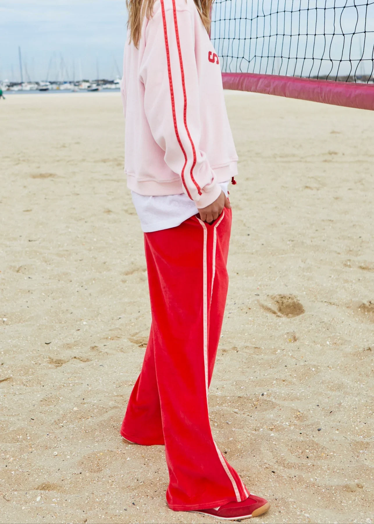 HAMMILL & CO Womens Urban Velour Track Pant in Red with Pink Stripe - Image 3
