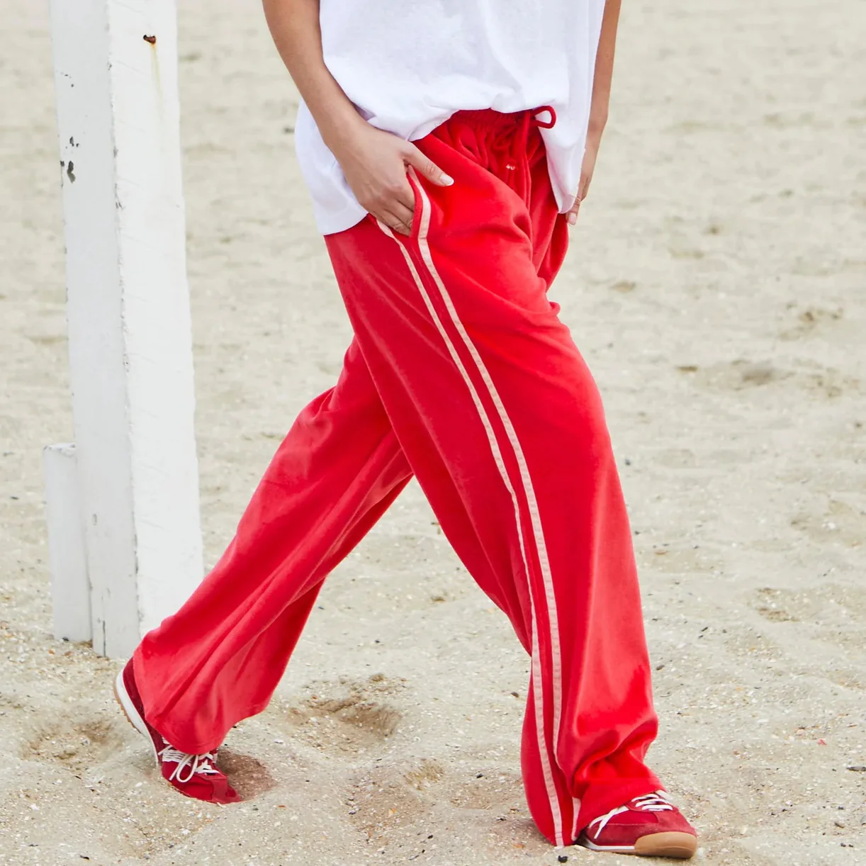 HAMMILL & CO Womens Urban Velour Track Pant in Red with Pink Stripe - Image 5