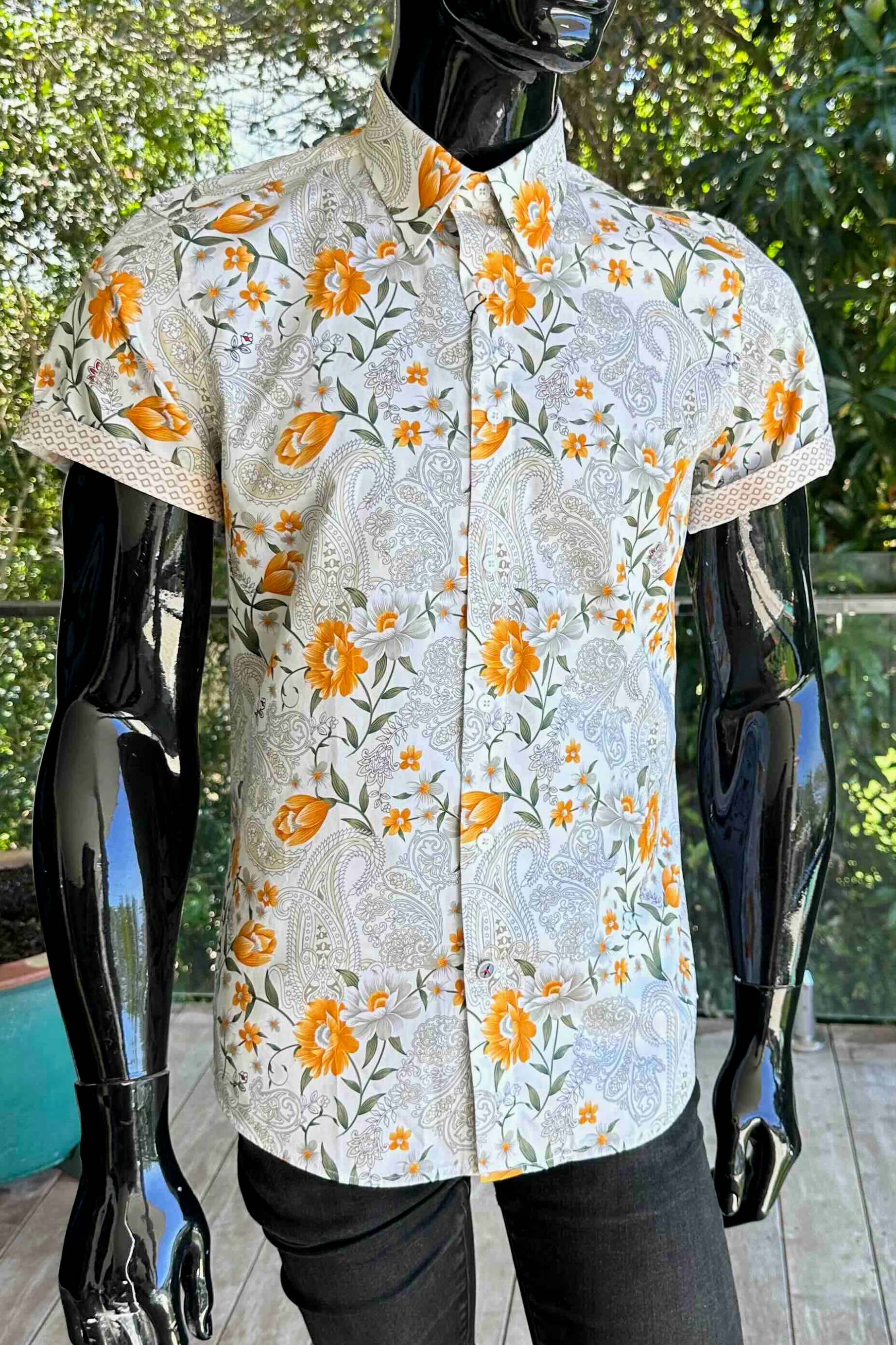 JOHN LENNON Mens Lewes Short Sleeve Paisley Shirt in Amber - Image 4