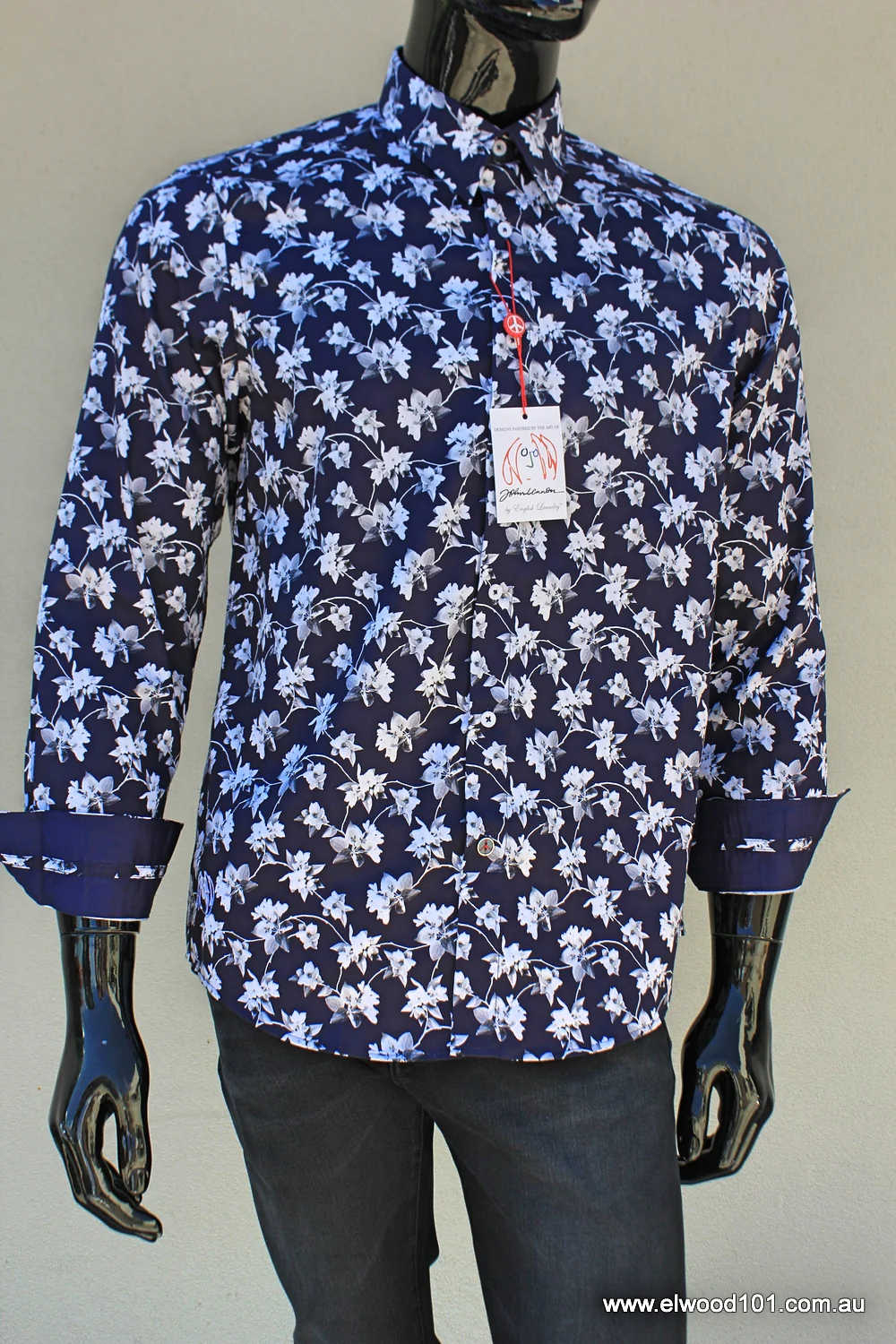 John Lennon Mens Wimbledon Long Sleeve Shirt - Navy & White Floral - Image 5
