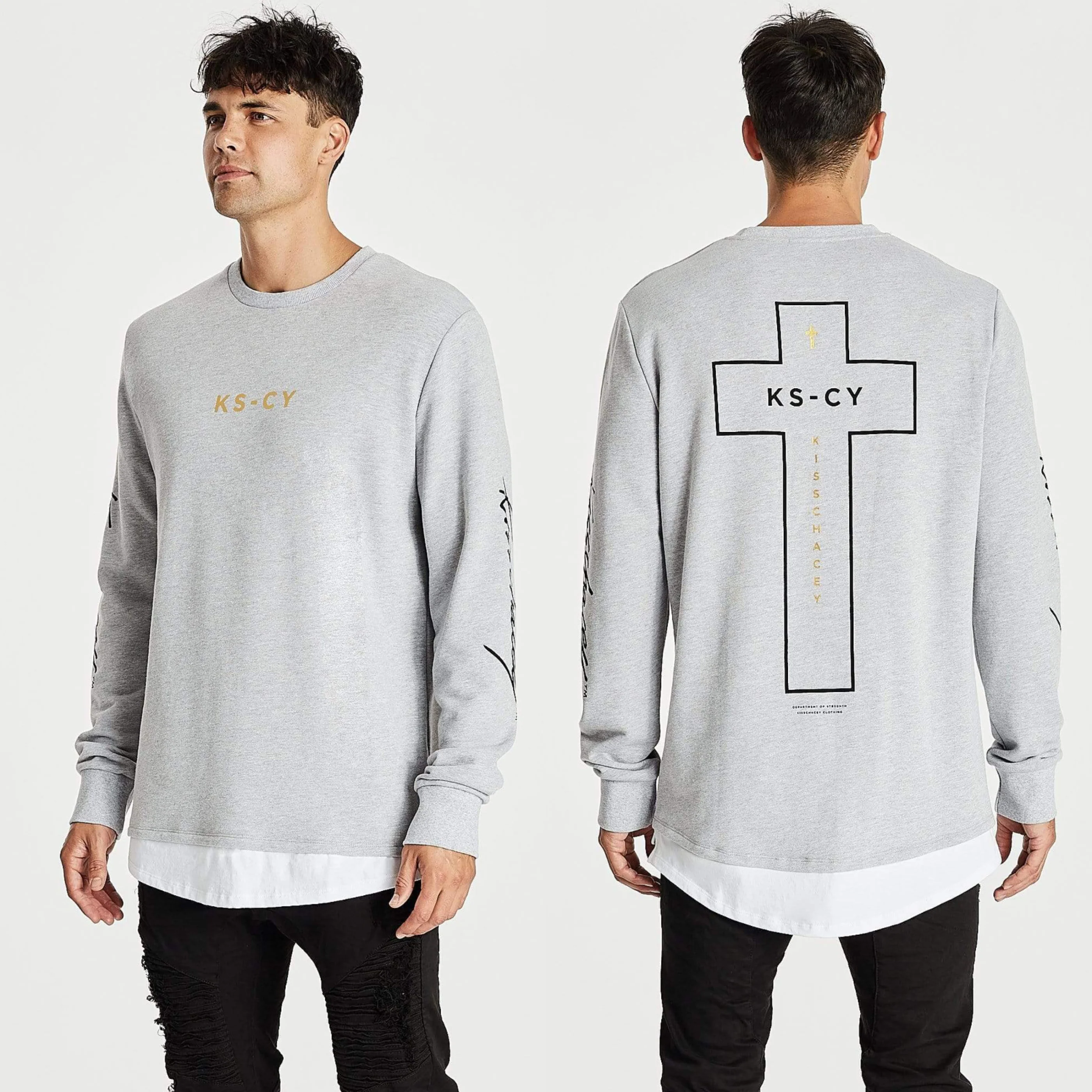 Kiss Chacey MENS ALL IN LAYERED HEM SWEATER - GREY MARLE - Image 3