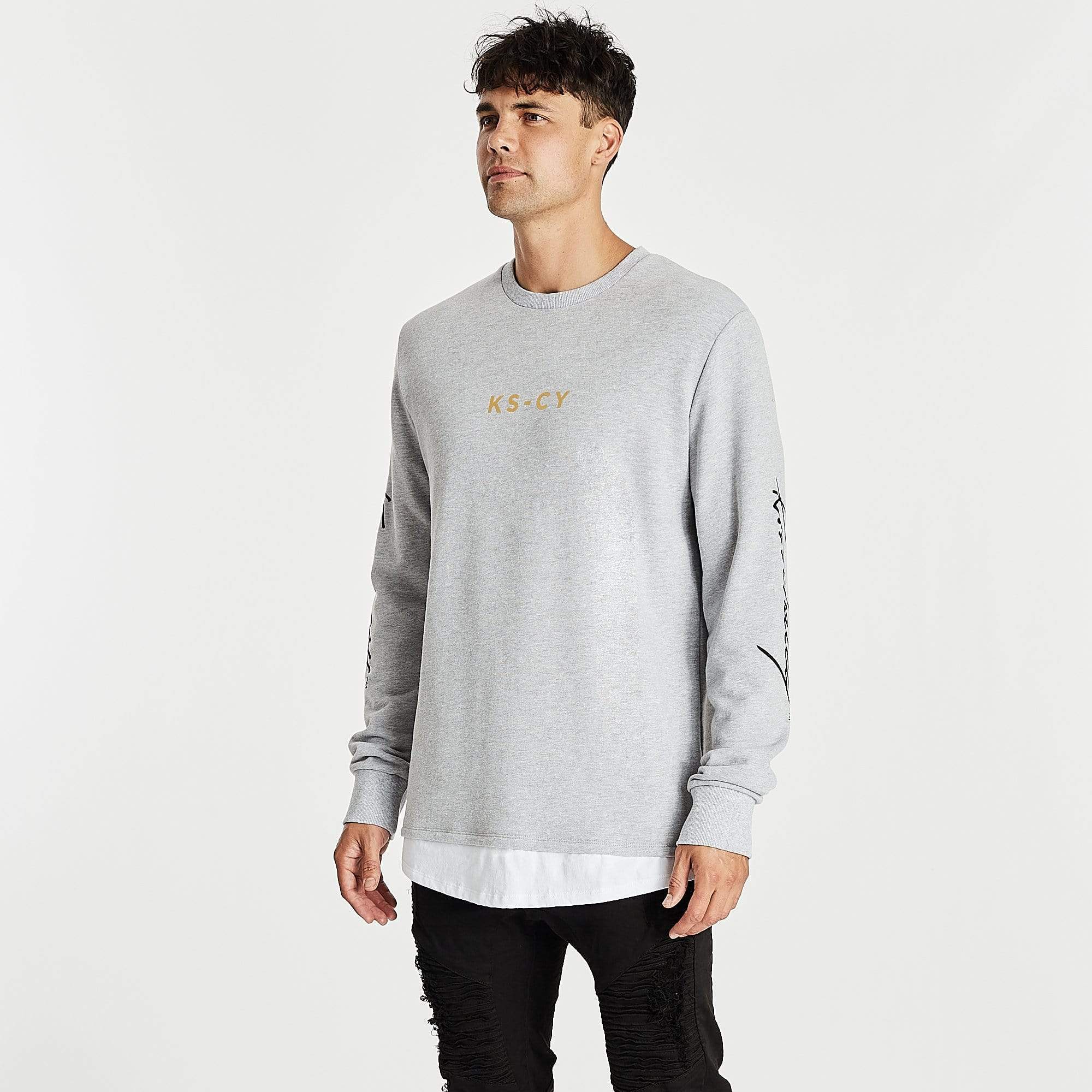 Kiss Chacey MENS ALL IN LAYERED HEM SWEATER - GREY MARLE - Image 6
