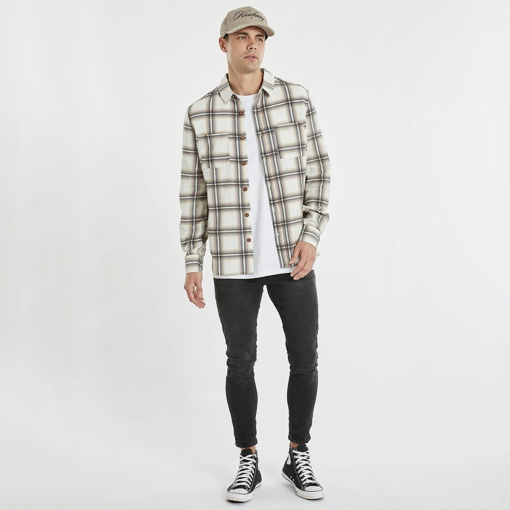 KISS CHACEY Mens Berkeley Casual Long Sleeve Shirt Blanc Check - Image 5