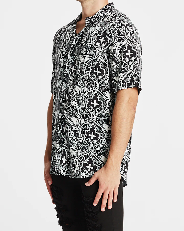Kiss Chacey MENS CARDINAL RELAXED FIT SHORT SLEEVE SHIRT - BLACK STONE PRINT - Image 4