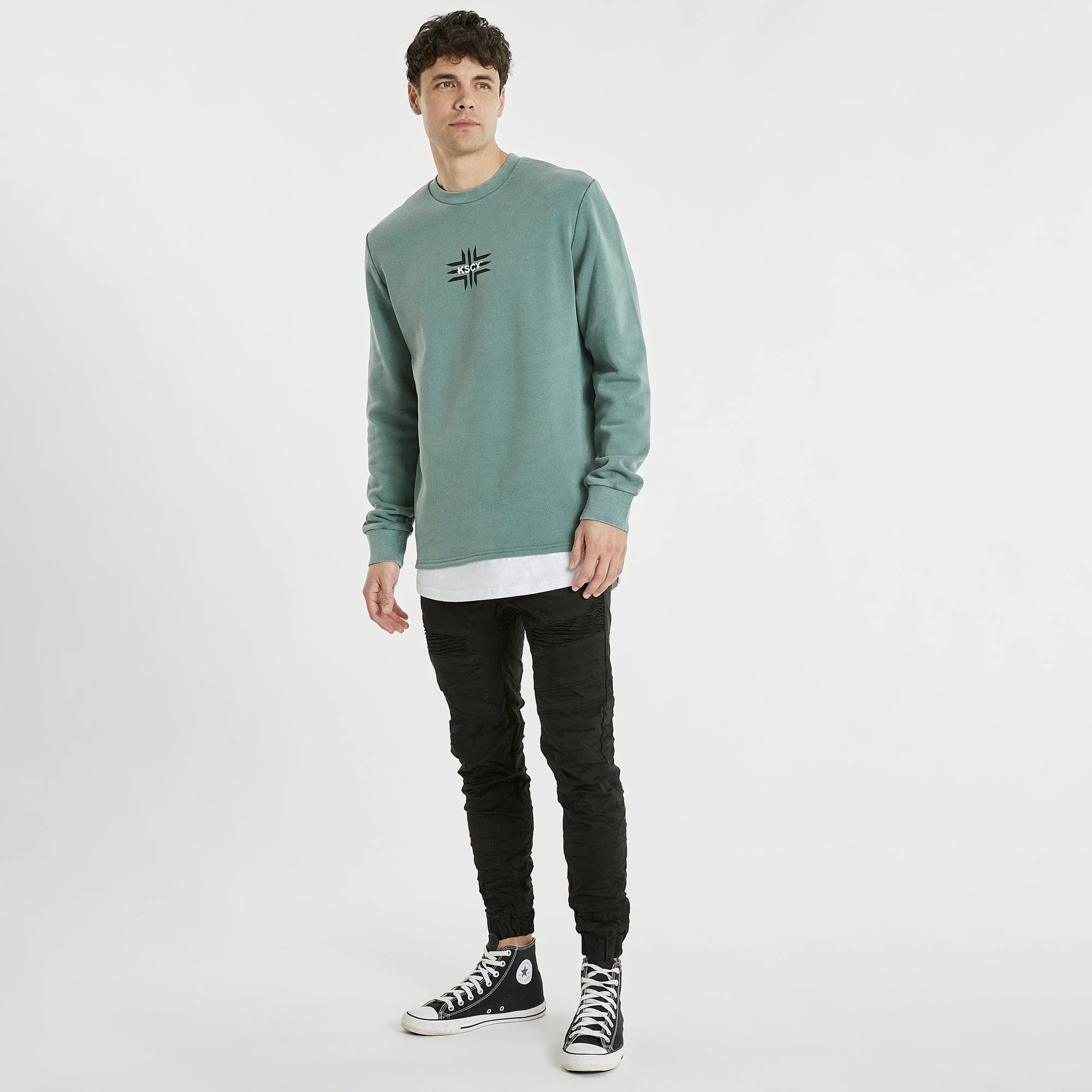 KISS CHACEY Mens Cogan Layered Hem Jumper Pigment Silver Pine - Image 4