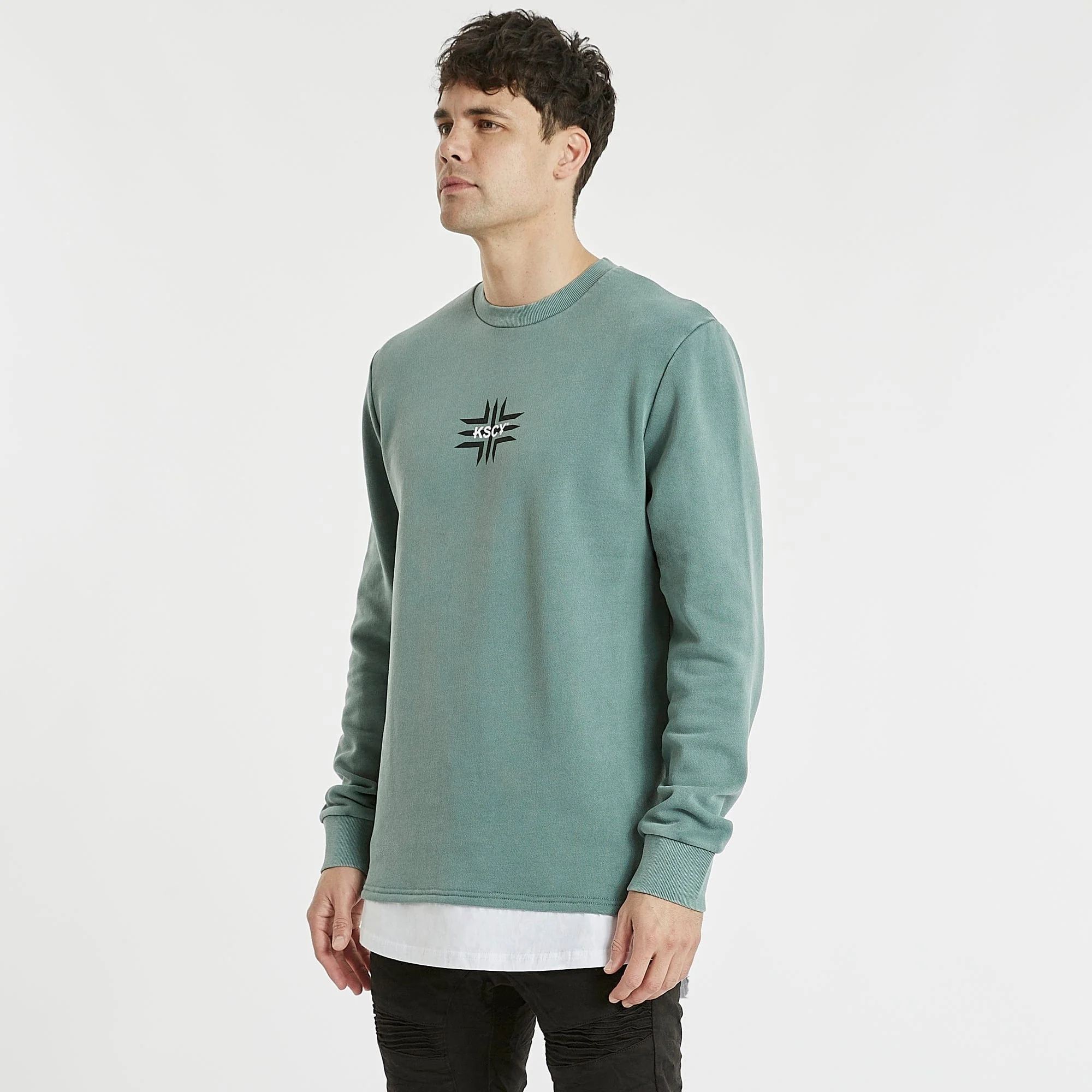 KISS CHACEY Mens Cogan Layered Hem Jumper Pigment Silver Pine - Image 6