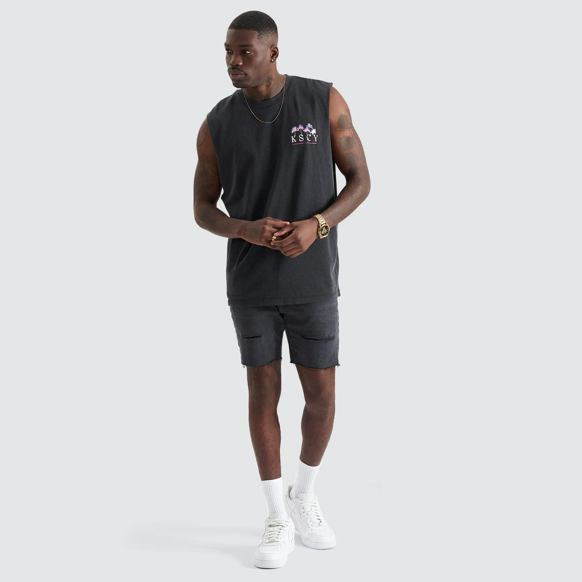 KISS CHACEY Mens Inheritance Relaxed Fit Muscle Tee Shirt - Mineral Black - Image 3