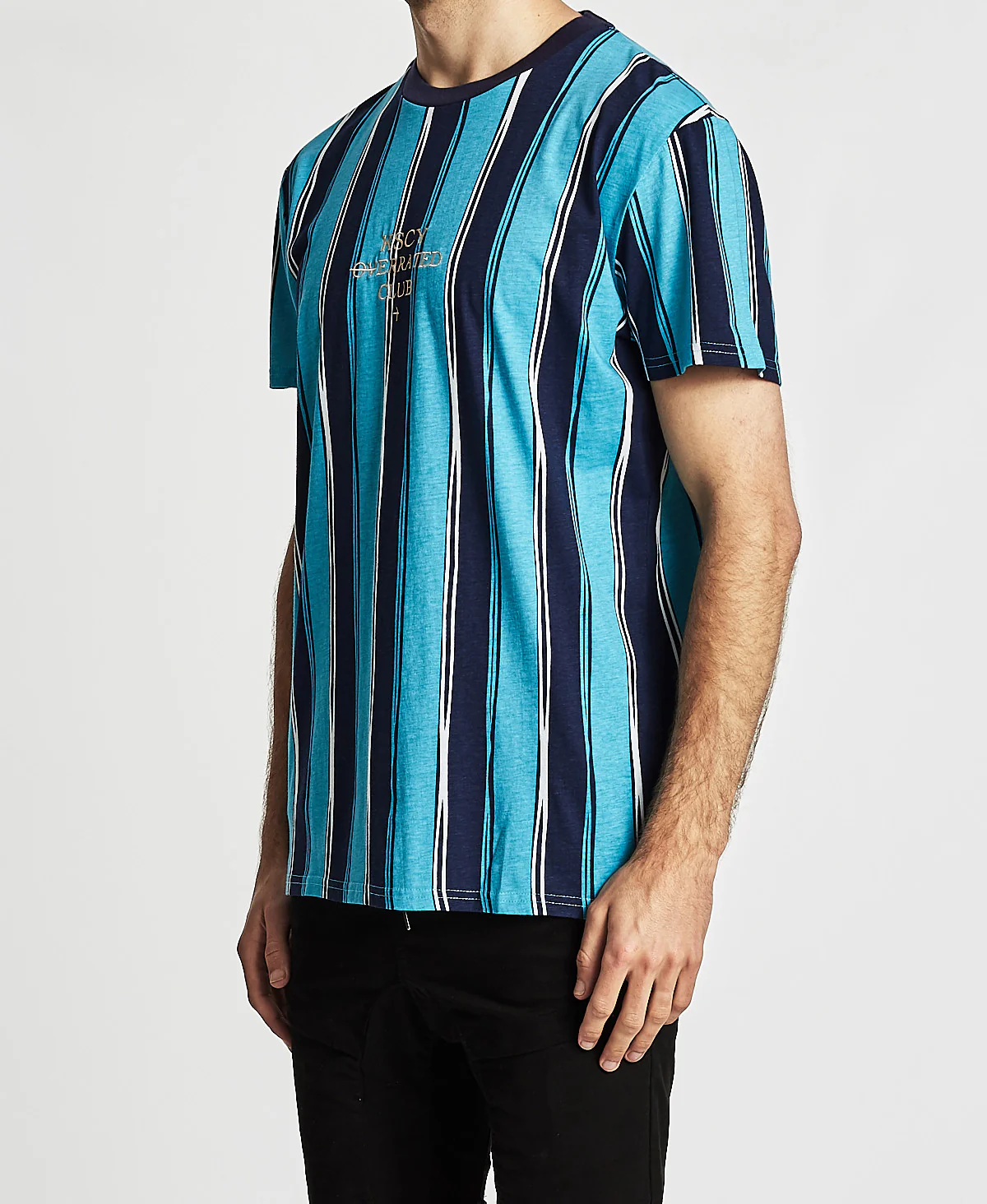 Kiss Chacey MENS OVERRATED CLUB RELAXED FIT TEE SHIRT NAVY-TEAL STRIPES - Image 3