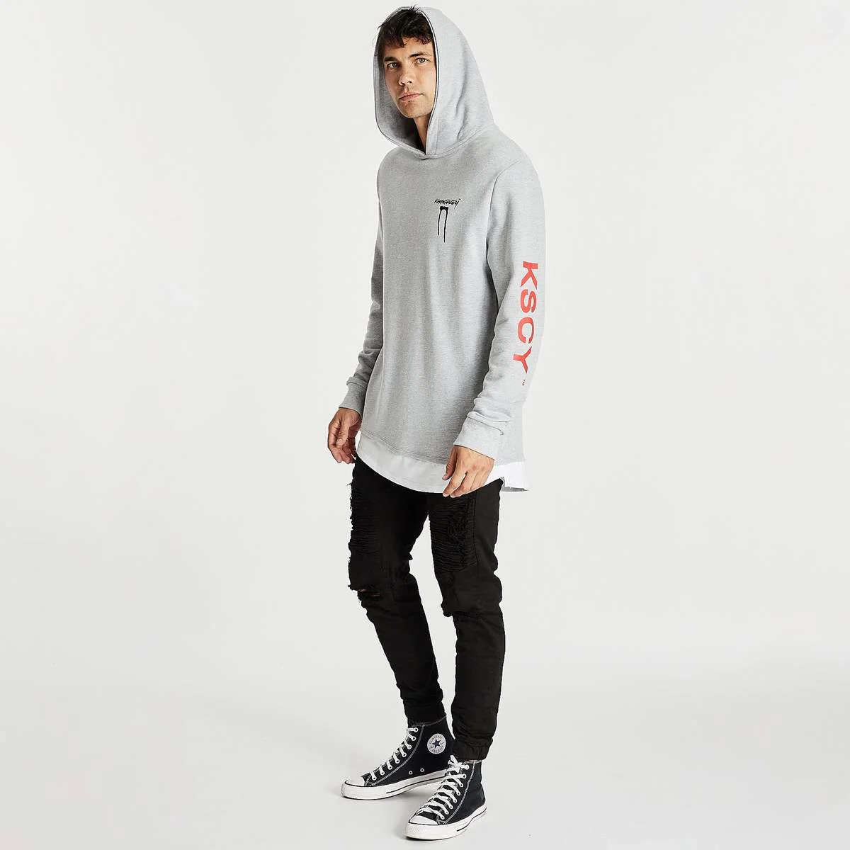 Kiss Chacey MENS SHADOWS LAYERED HEM HOODIE SWEATER - GREY MARLE - Image 2