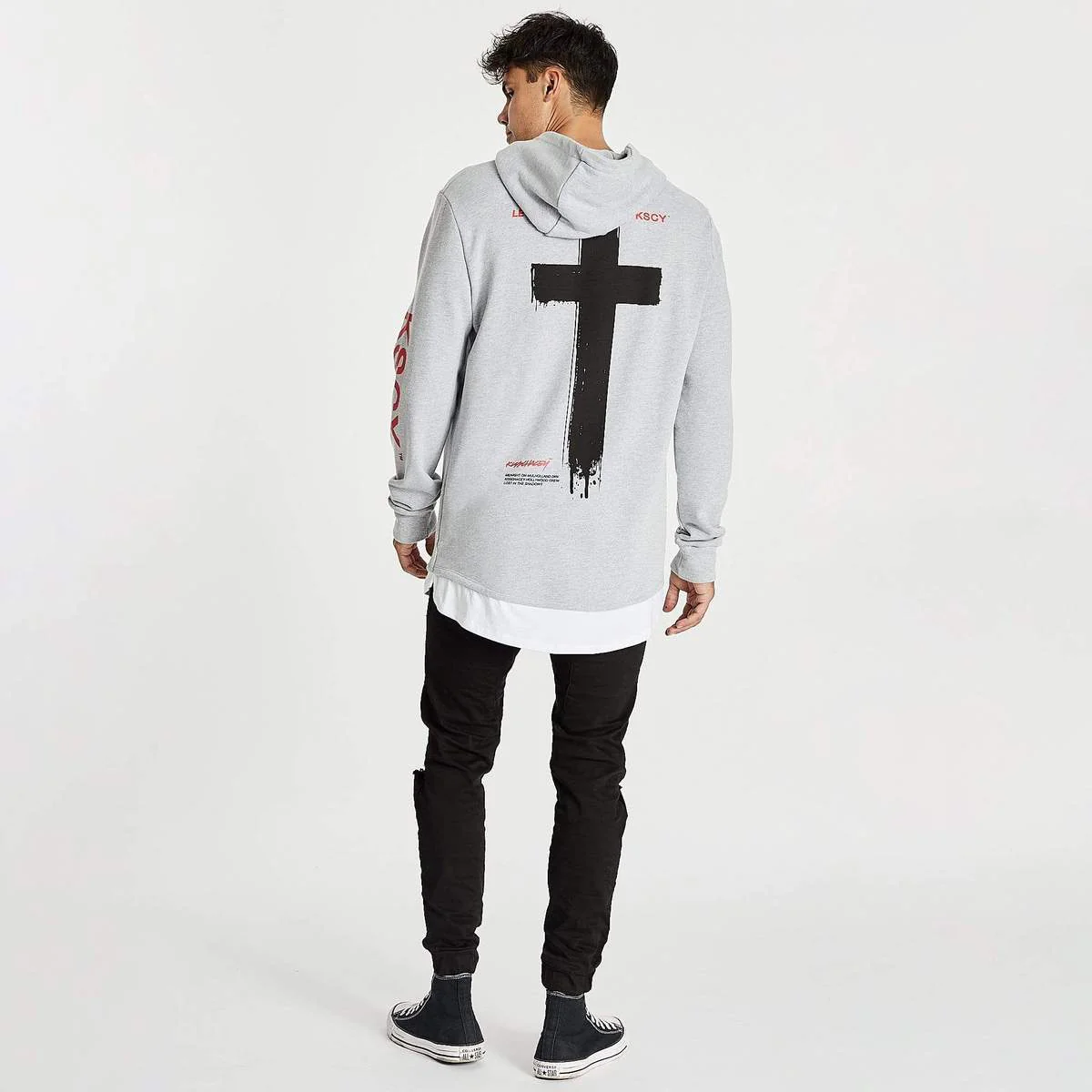 Kiss Chacey MENS SHADOWS LAYERED HEM HOODIE SWEATER - GREY MARLE - Image 3