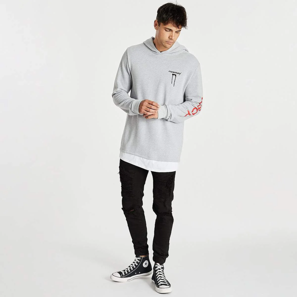 Kiss Chacey MENS SHADOWS LAYERED HEM HOODIE SWEATER - GREY MARLE - Image 4