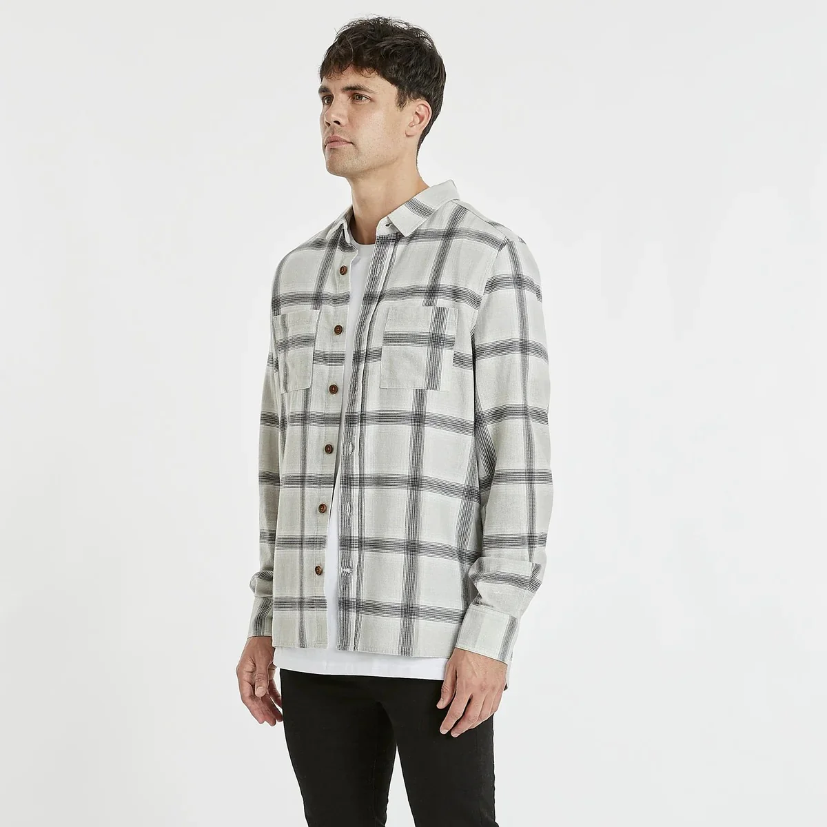 KISS CHACEY Mens Ventura Casual Long Sleeve Shirt Asphalt/Grey Check - Image 4