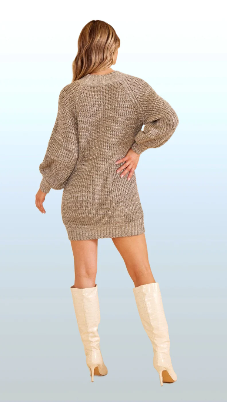 MINKPINK Womens Aspen Knit Mini Dress Khaki Marle - Image 3