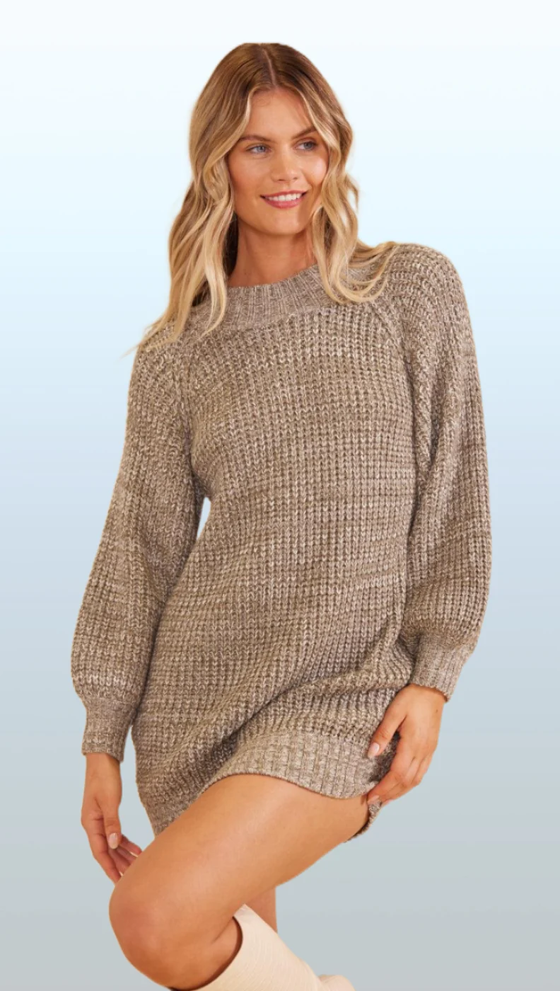 MINKPINK Womens Aspen Knit Mini Dress Khaki Marle - Image 4